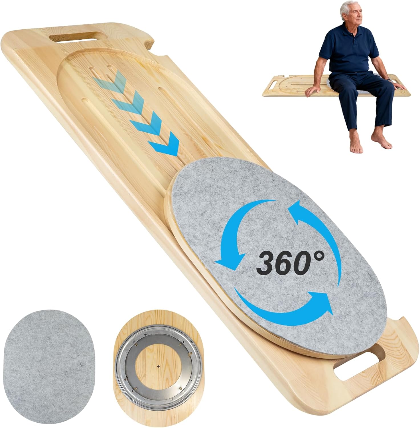Wooden Slide Transfer Board,25 x10" Transfer Board with Track Pulley Turntable,Made of Heavy-Duty Wood for Patient,Holds up to 500 Pounds,Suitable for Patient Senior and Handicap Move Assist