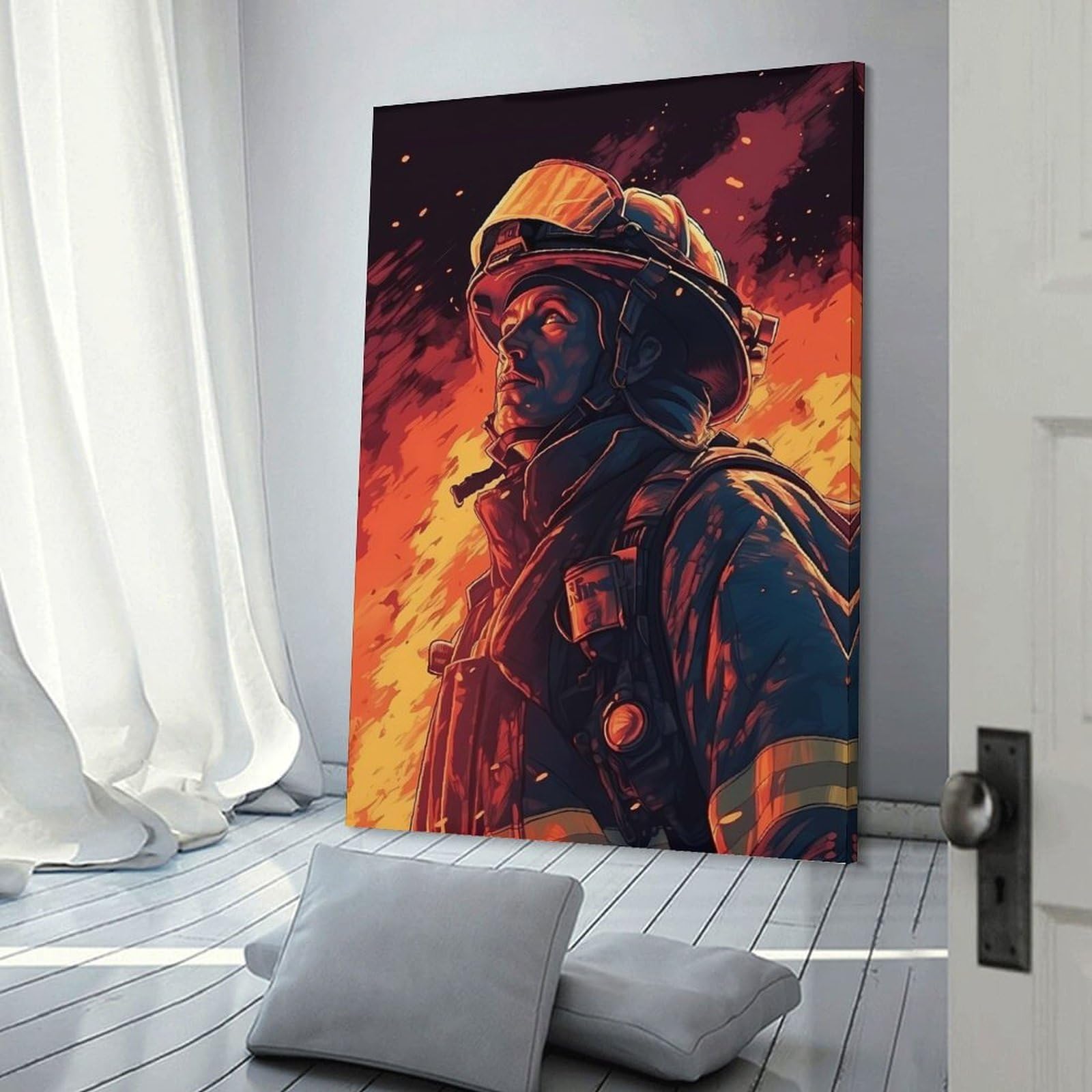 Junmoney Firefighter Drawing Canvas Wall Decor, 24x36inch(60x90cm), for Home Walls, Creative Rooms Or Shared Spaces, Stylish Home Artwork for Focal Walls