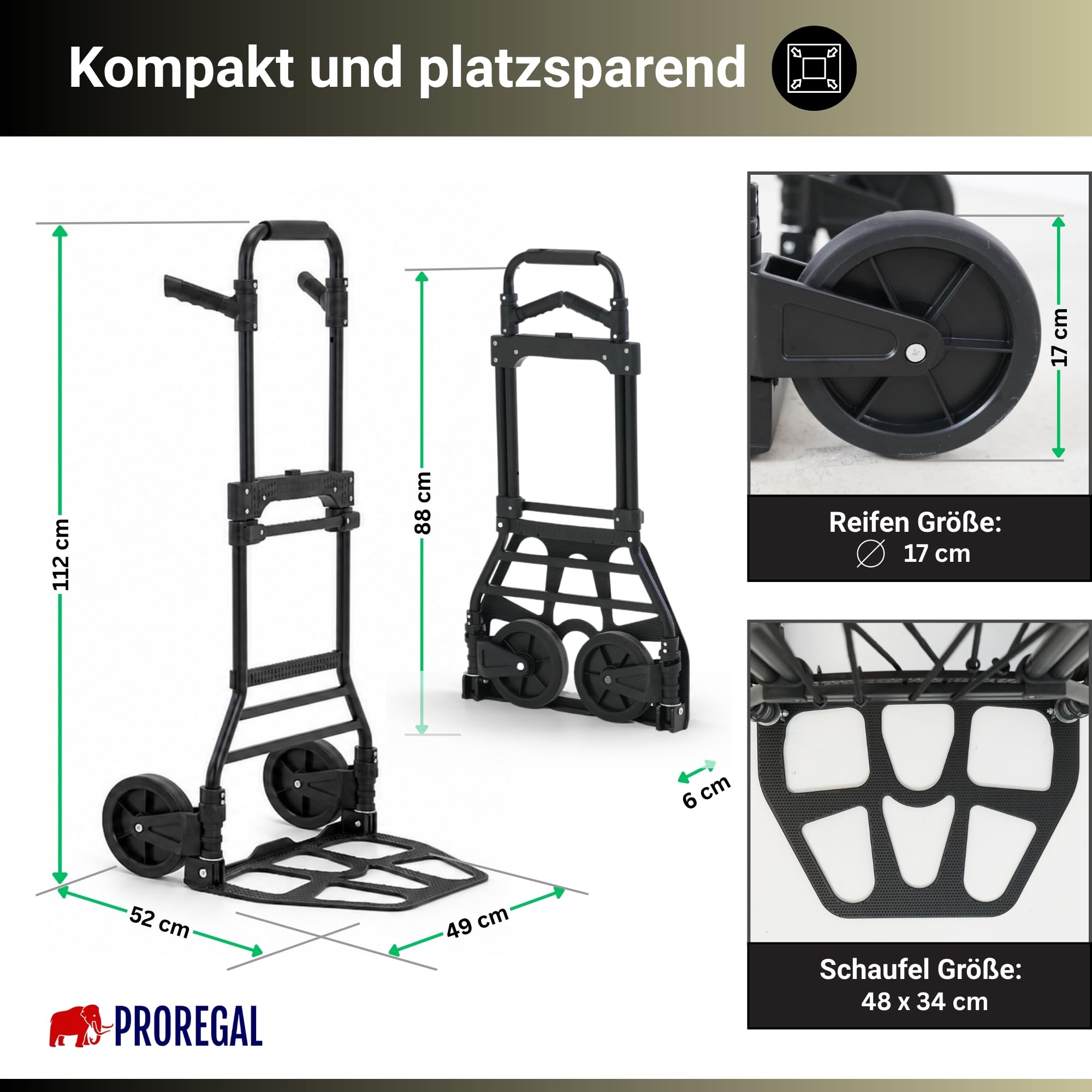 PROREGAL klappbare Aluminium Sackkarre Elephant | Traglast 150kg | 6 kg leicht | große Schaufel, Leichtlauf-Vollgummiräder | ergonomische, höhenverstellbare Griffe | Schwarz | Transportkarre