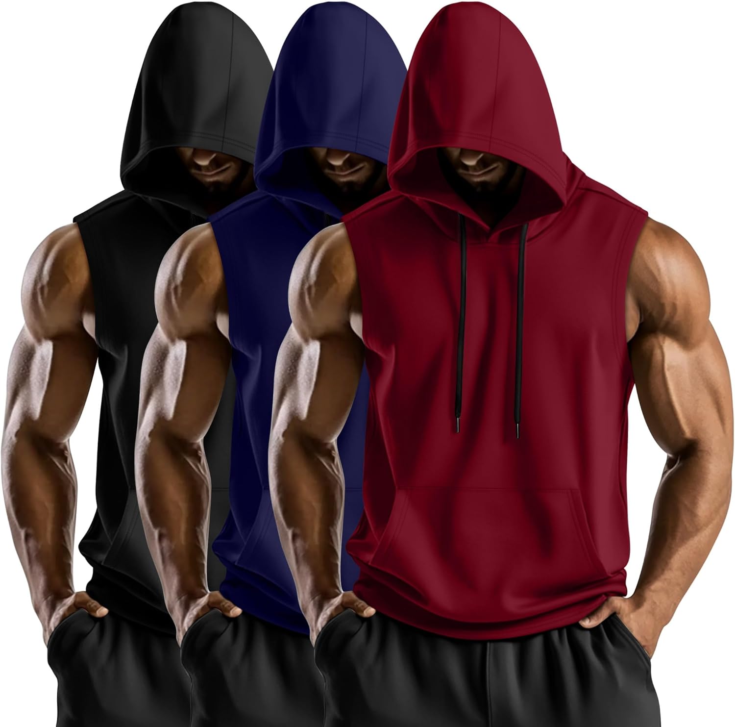 3 Pack Men's Hooded Tank Tops, Workout Sleeveless Gym Hoodie Muscle Bodybuilding Running Cut Off Shirts