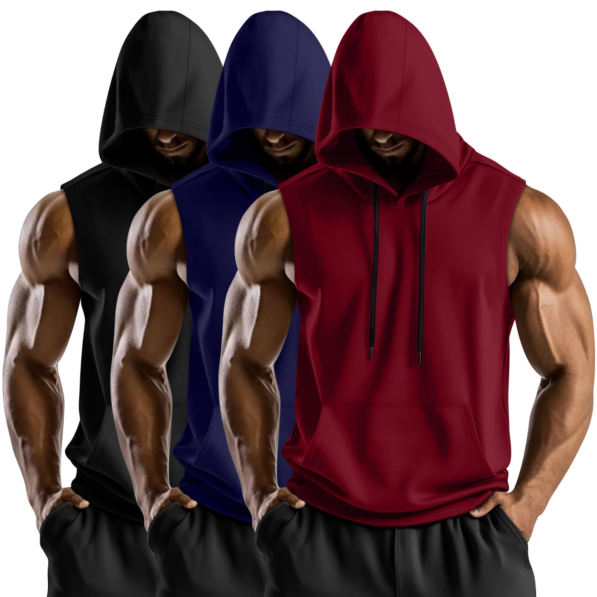 August Alley 3 Pack Men's Hooded Tank Tops, Workout Sleeveless Gym Hoodie Muscle Bodybuilding Running Cut Off Shirts