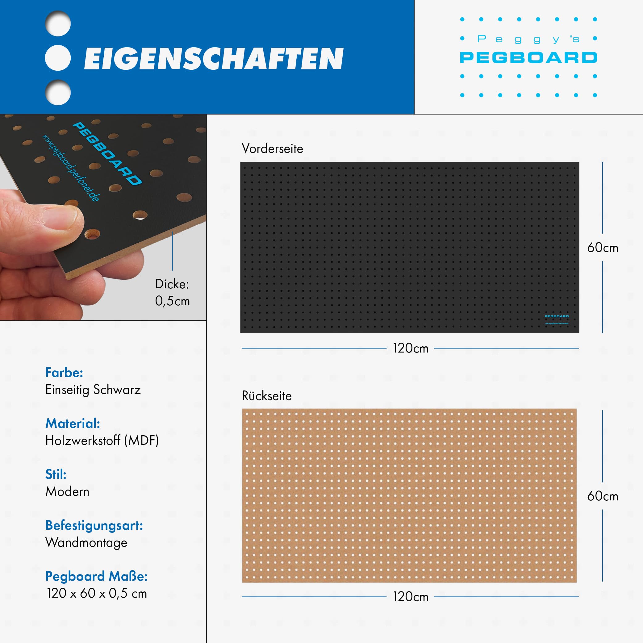 Pegboard 4 St. Werkzeugwand aus Holz (MDF) 120 x 60 x 0,5 cm - Lochung Ø7 mm Lochabstand 25,4 mm - schwarz lackiert - Made in Germany