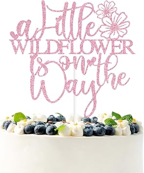Pink Glitter A Little Wildflower is on the Way Cake Topper, She is A Wildflower/Sweet Baby, Funny Spring Flower Themed Baby Shower Party Decorations Supplies