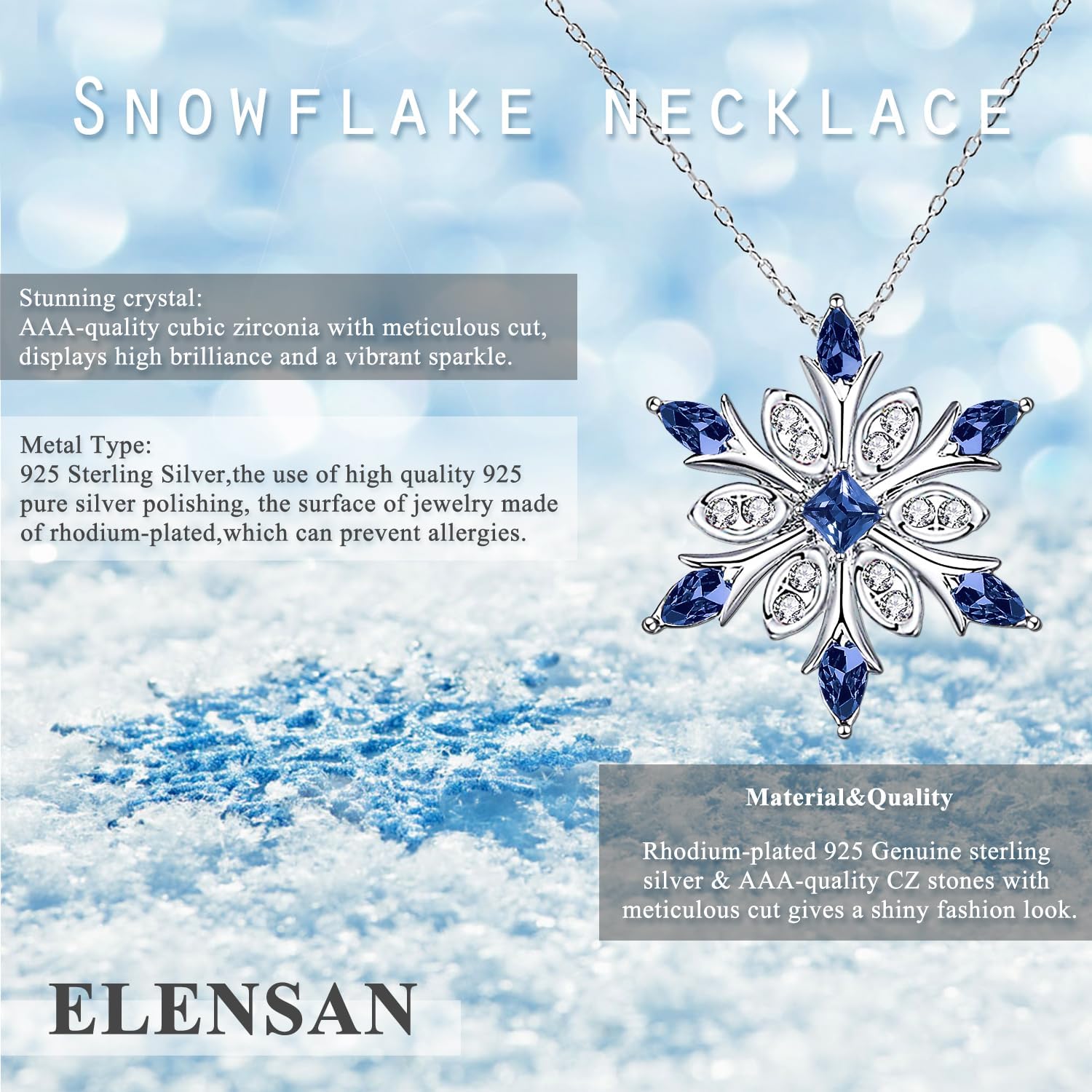 Women's 925 Sterling Silver Blue Crystals Snowflake Pendant Fashion Necklace Collarbone Chain - Image 3