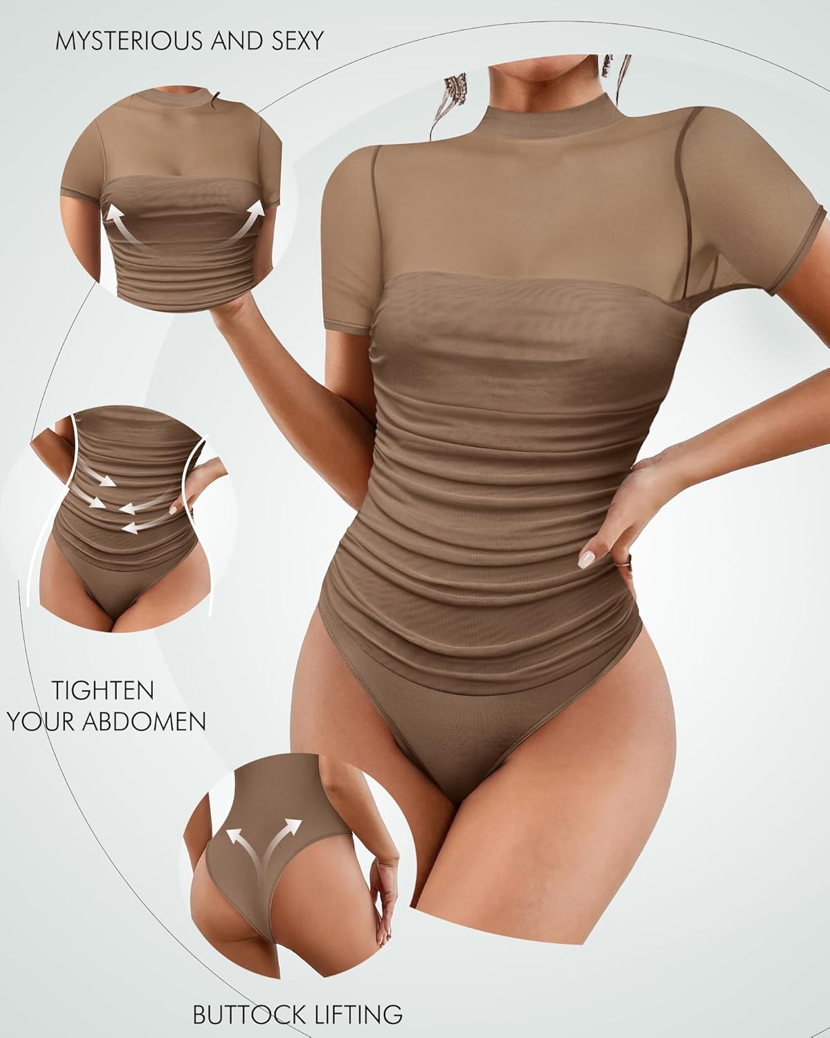 Women's Mesh Sexy Mock TurtleNeck Bodysuits Short Sleeve Shirt Ruched Sheer Body suit Summer Trendy Going Out Tops - Image 2