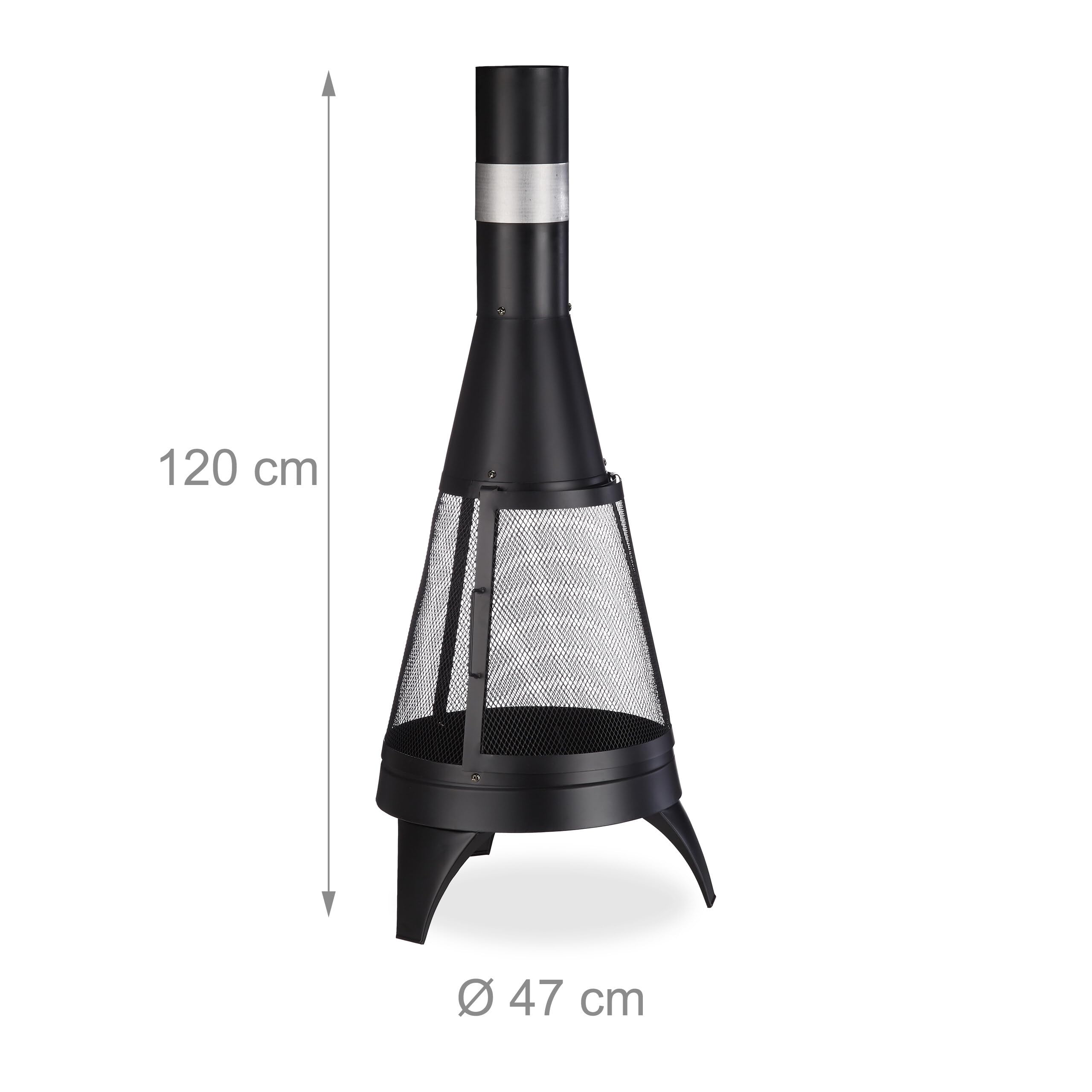 Relaxdays Cheminée de terrasse, avec Pare-étincelle, avec Grille et tisonnier, HxD : 120 x 47 cm, braséro Jardin, Noir - 4