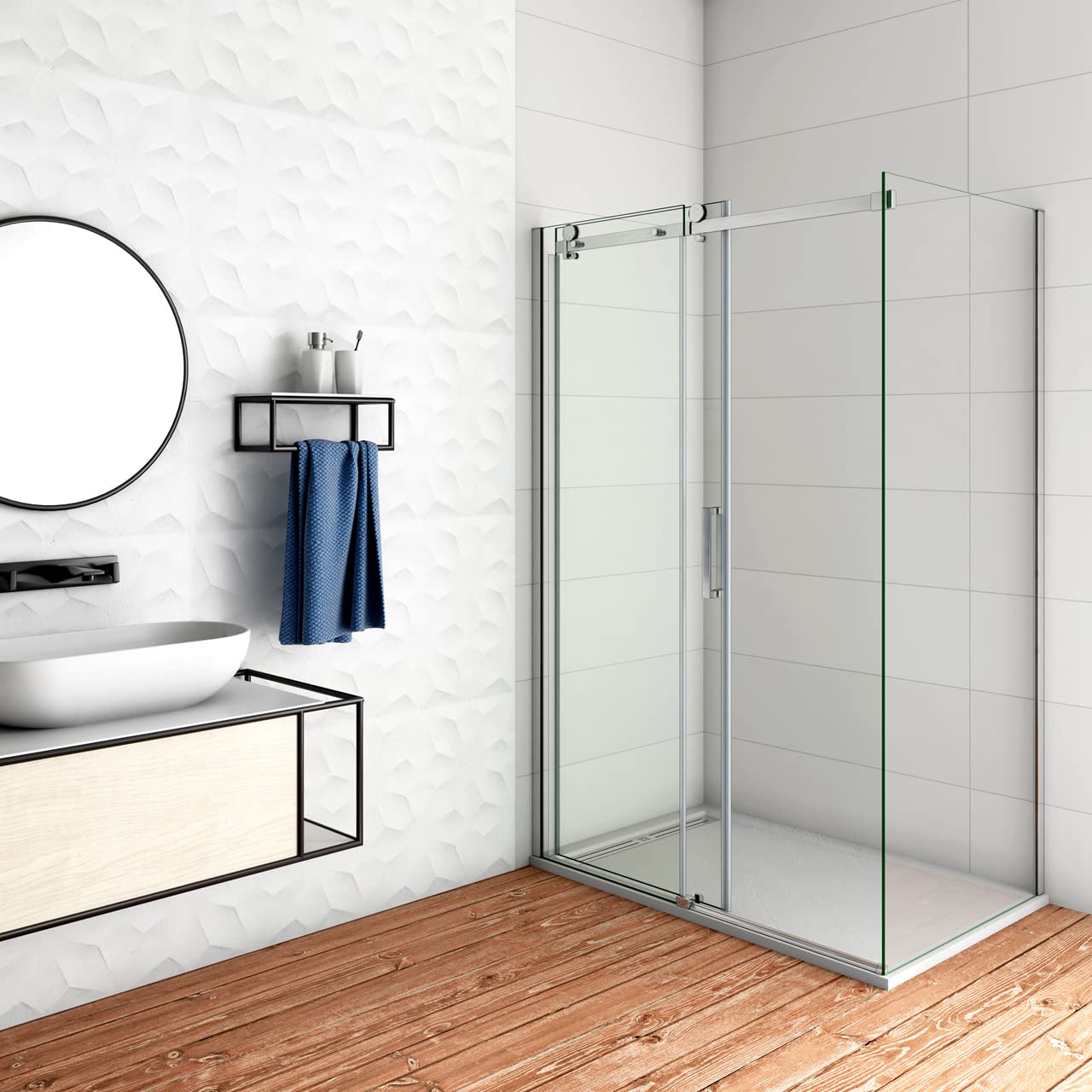 120x70x195 cm Box Doccia Angolare Porta Scorrevole con Parete Laterale Vetro 8 mm Temperato Anticalcare Trasparente Telaio Cromato Lucido