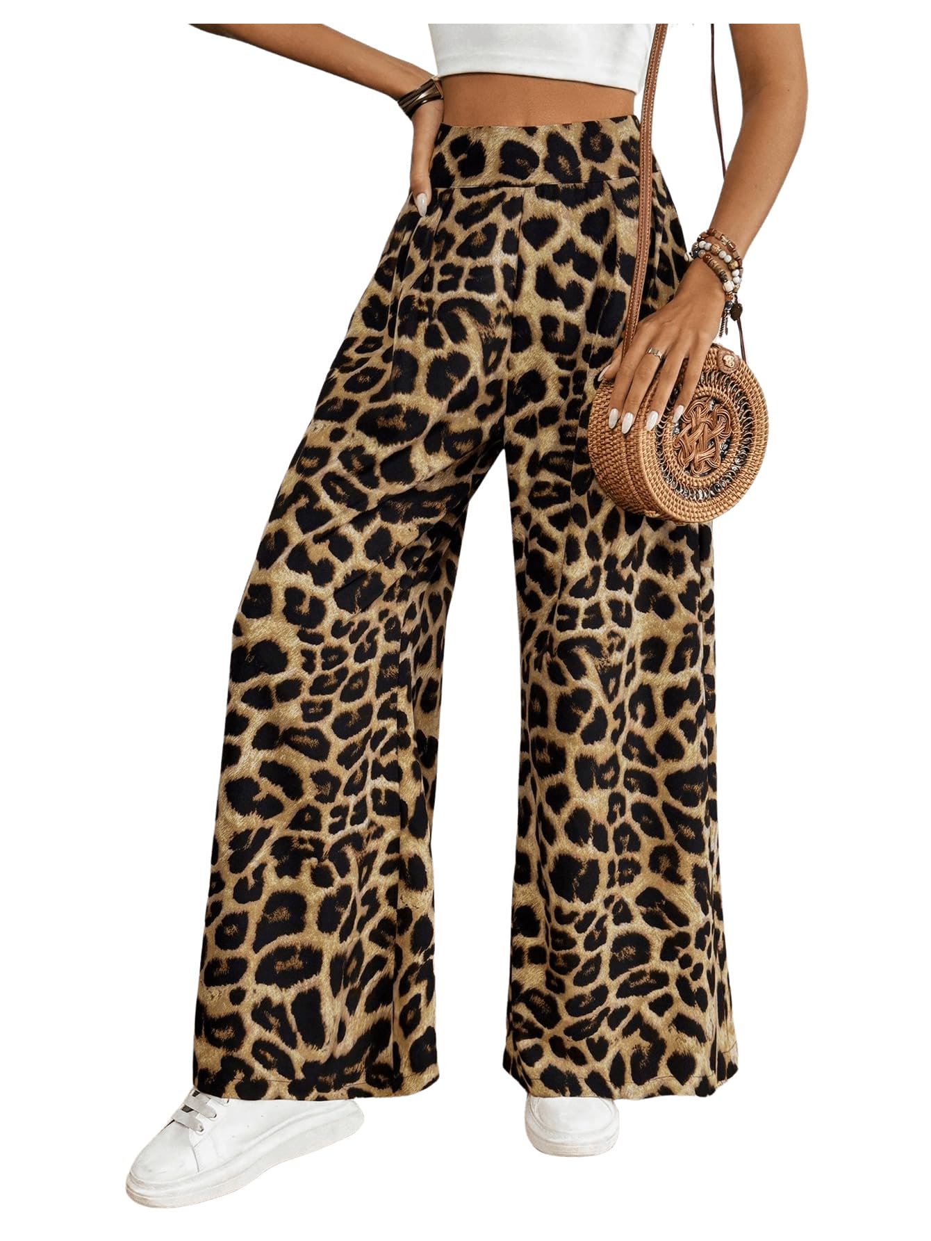 SweatyRocks Womens Leopard Print High Waisted Wide Leg Pants Casual Long Trousers