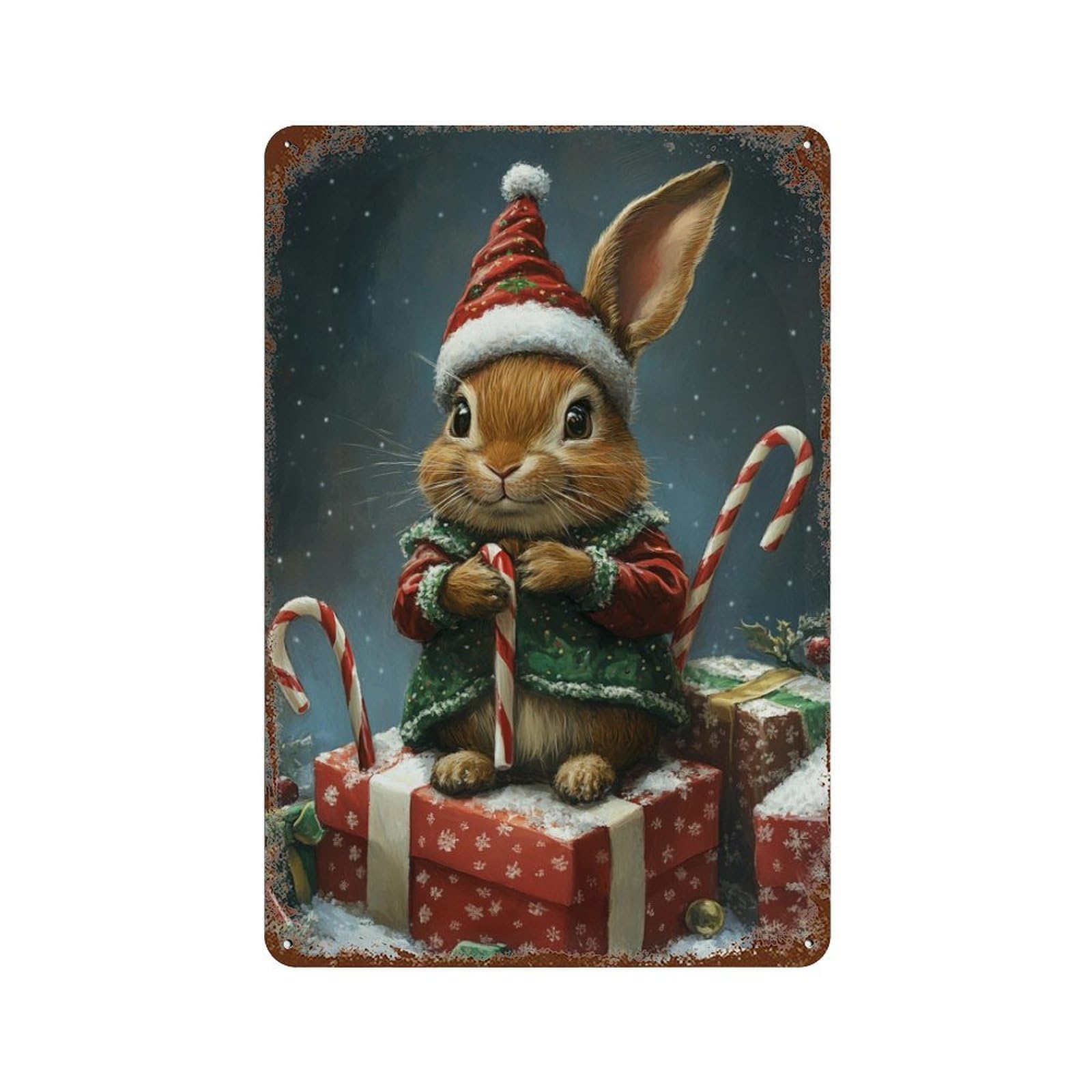Christmas Bunny with Presents Rust Effect Tin Sign 11.8"x7.9", Vintage Wall Decor for Bistro, Counter And Cafe Decor