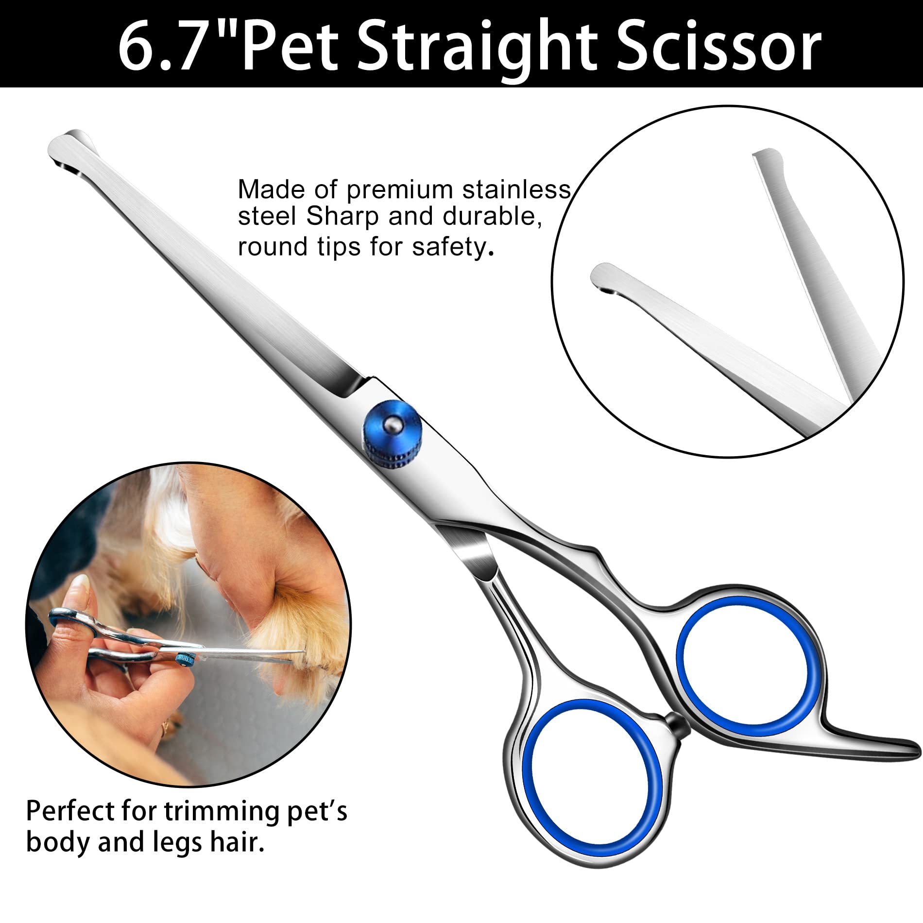 Tijeras para perros con punta redonda de seguridad, kit profesional de aseo para perros, juego de tijeras de pelo para perros, incluye adelgazamiento, curvado, tijeras rectas y peine.