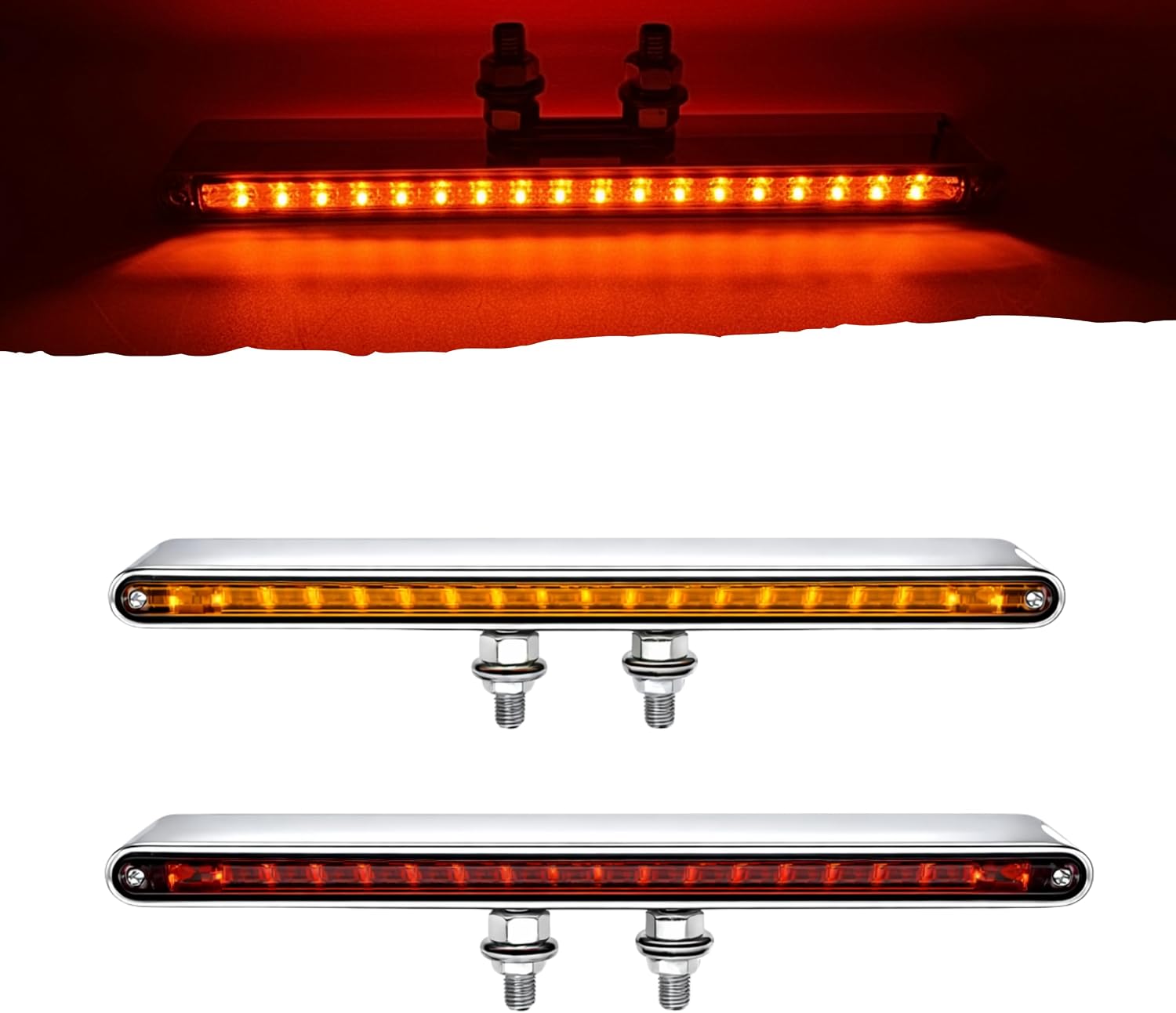 2x 12" Red/Amber LED Double Face Truck Semi Trailer Pedestal Single Stud Mount Light Bars 38 LED Waterproof Sealed 4 Function Sequential Flow Turn Signal Stop Tail Strobe Marker Clearance 10-30V