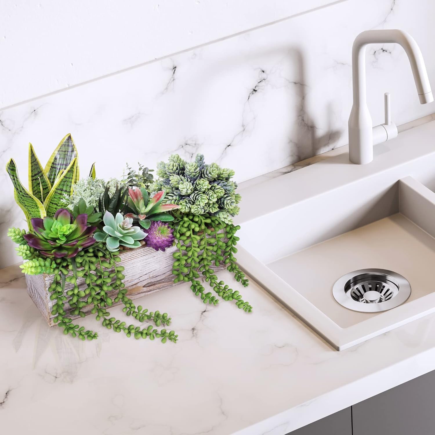 14 Pcs Assorted Artificial Succulents Fake Plants in Rectangular Wooden Pots Artificial Potted Succulents Plants Arrangement for Table Centerpiece Windowsill Shelf Mantel Tropical Greenery Decor - Image 7