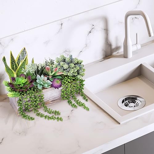 Miniatura 7 de 14 piezas surtidas suculentas artificiales en macetas rectangulares de madera, arreglo de plantas suculentas artificiales en maceta para centro de