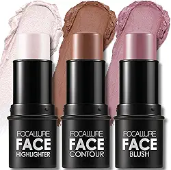 FOCALLURE 3 palitos de contorno de creme, tons com iluminador, bronzeador e blush, caneta de contorno facial de longa duração não oleosa, fácil de esculpir o rosto e criar uma maquiagem de acabamento