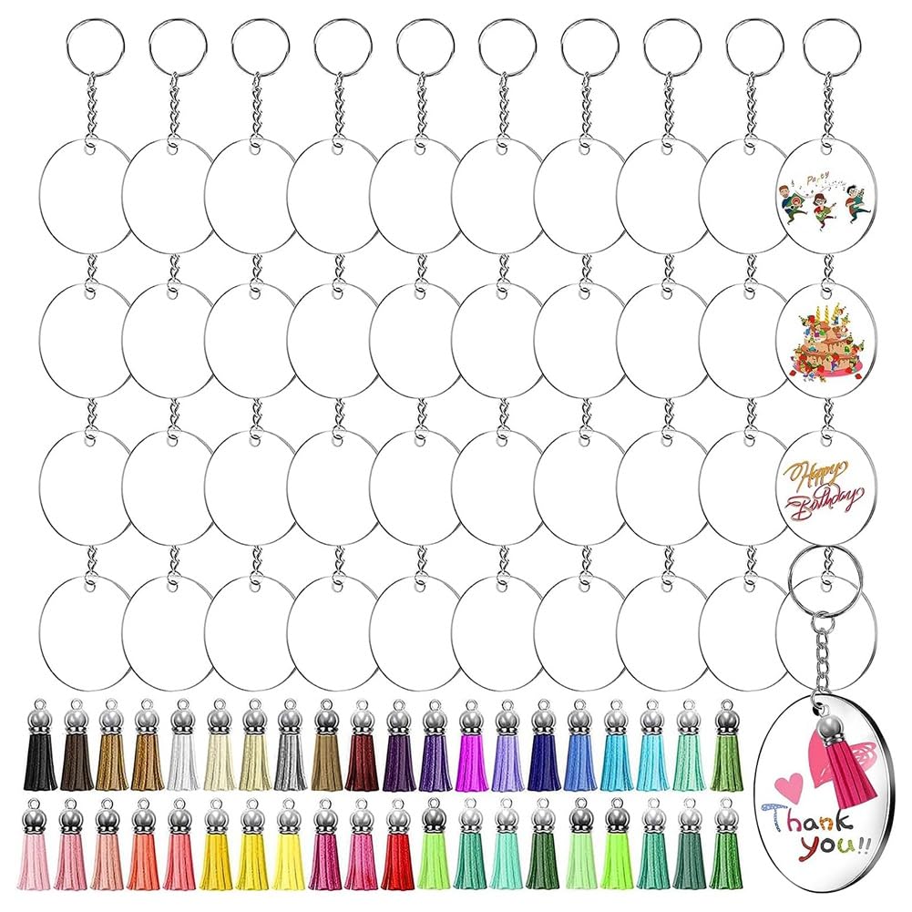 Plomevry Key Fob Clear Acrylic Blank Pendants Clear Round Acrylic Blanks With Tassels Key Ring Jump Rings