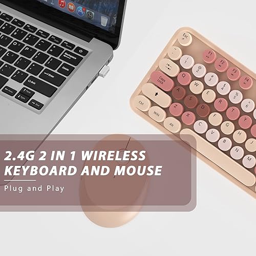 Miniatura 5 de Teclado y mouse inalámbricos, teclado inalámbrico de 2.4 G con tapa redonda retro para PC, Mac, laptop, ventanas de computadora (té con leche)