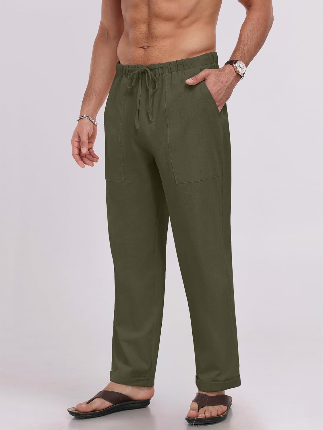 Puimentiua Mens Linen Pants Elastic Waist Drawstring Loose Fit Casual Summer Beach Pants with Pockets Baggy Trousers - Image 5