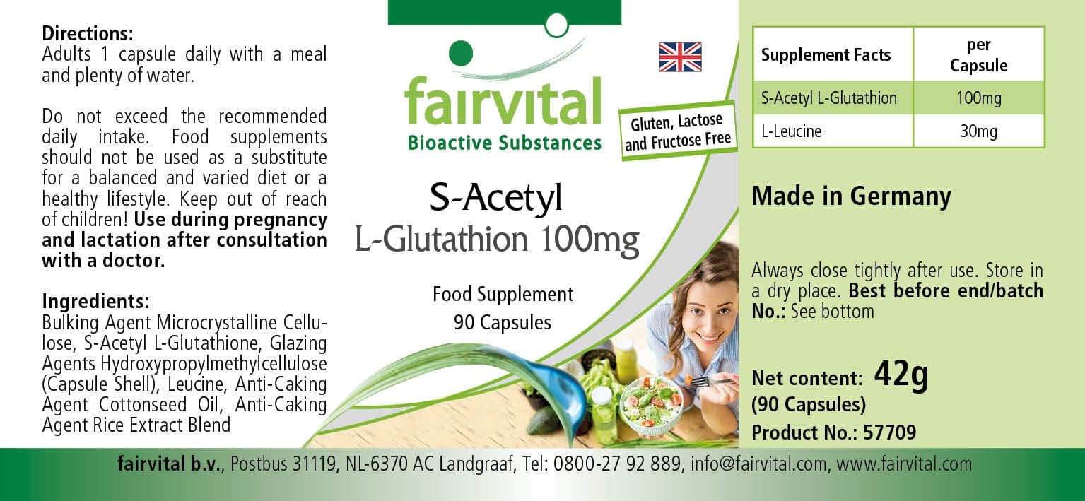 fairvital S-acetil L-glutatione, 90 capsule vegane, facili da deglutire, forma stabile di glutatione, elevata biodisponibilità, qualità testata e ad alto dosaggio, Made in Germany