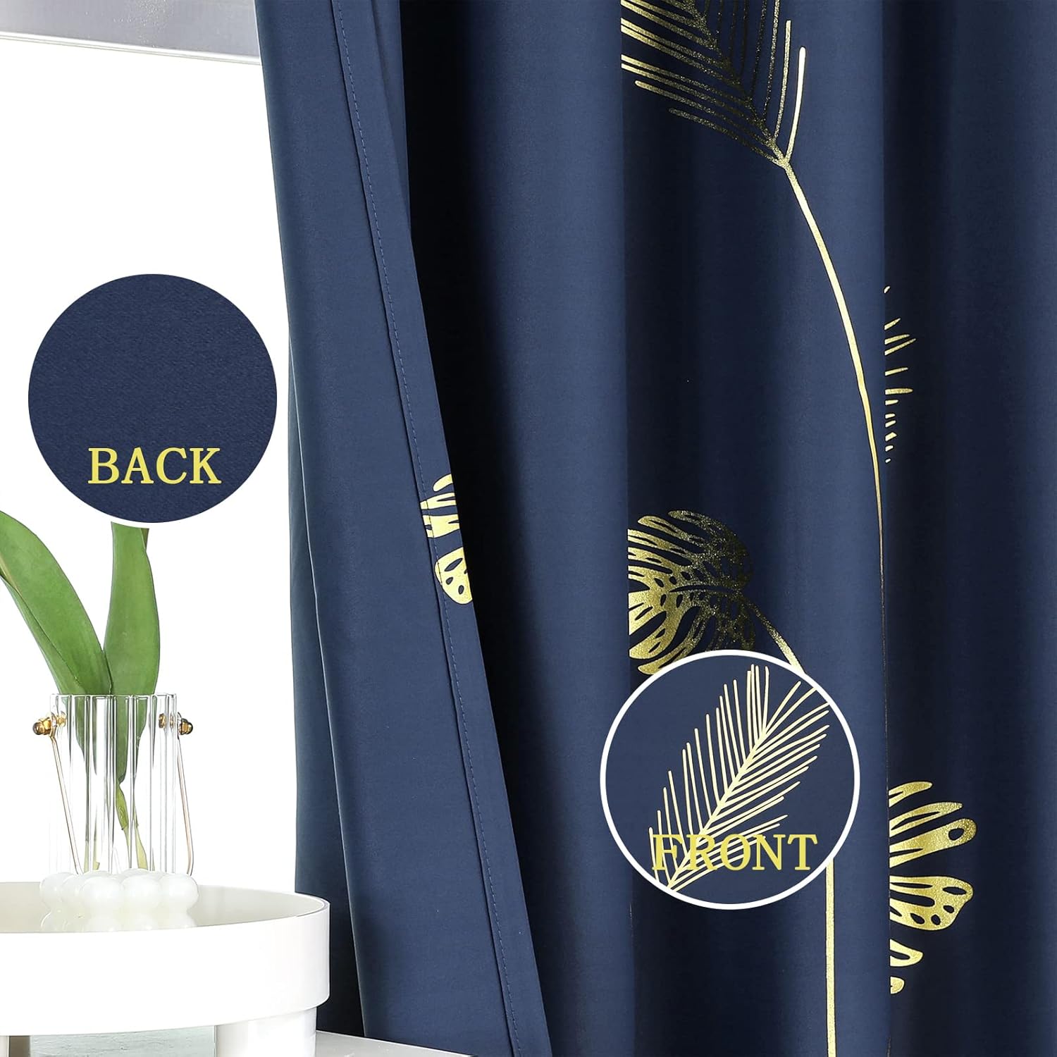 Estelar Textiler Navy Blue Blackout Curtains for Living Room 84 Inch Length 2 Panels Set, Gold Palm Leaves Printed Window Drapes, Energy Saving Curtains for Bedroom, 52Wx84L