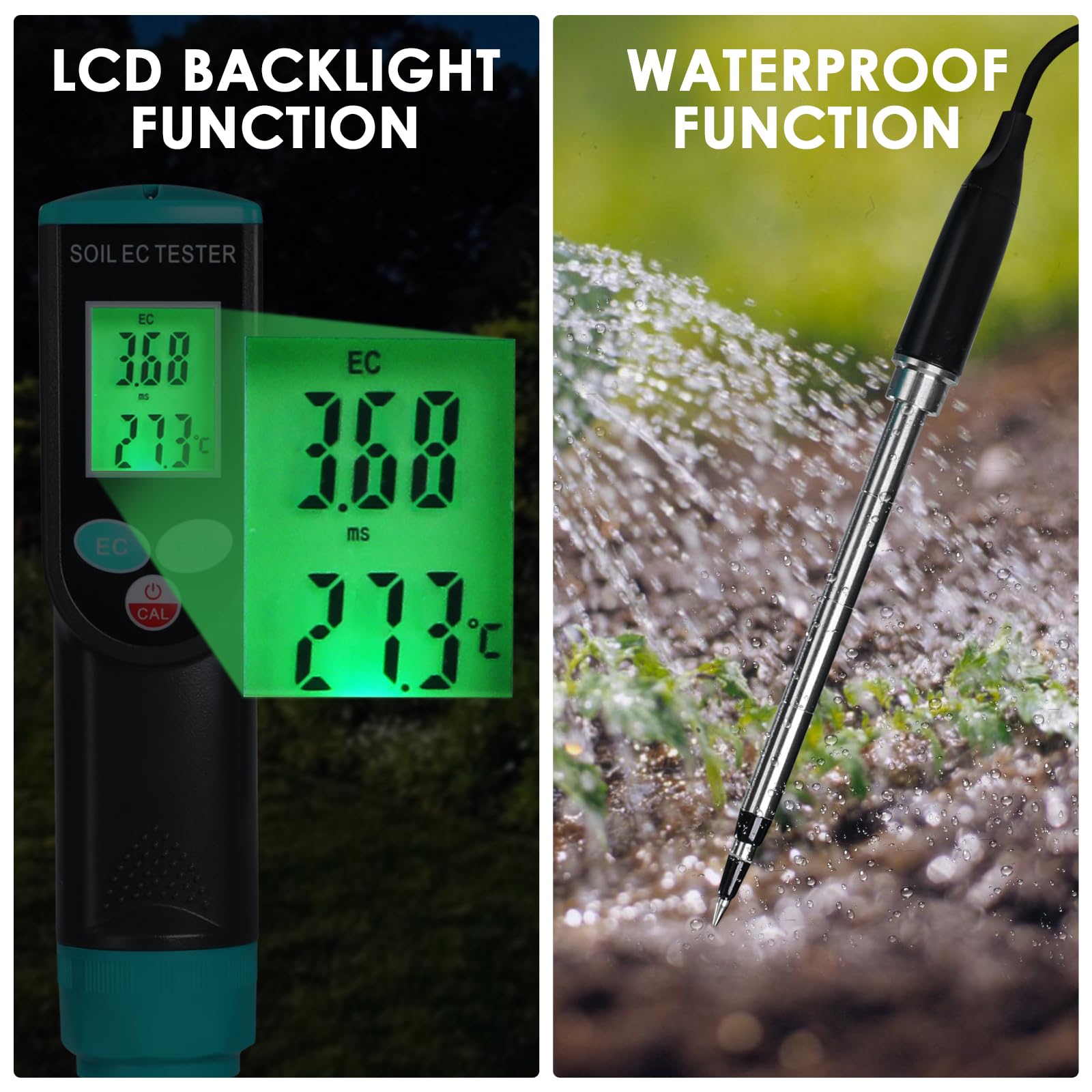 Compteur EC et température du sol 2 en 1 numérique avec compensation automatique de la température - Compensation de température portable - Électrode filaire - IP67 - Étanche - Pour agriculture