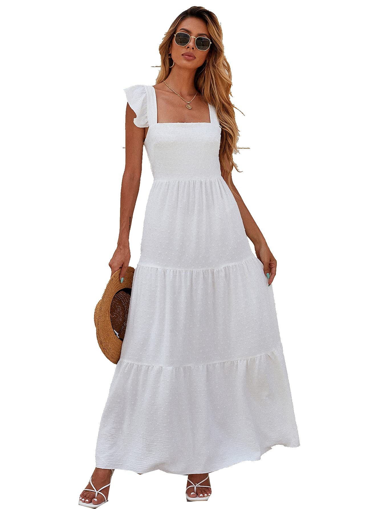 FloernsWomen's Square Neck Ruffle Sleeve Backless Tie Back A Line Maxi Dress