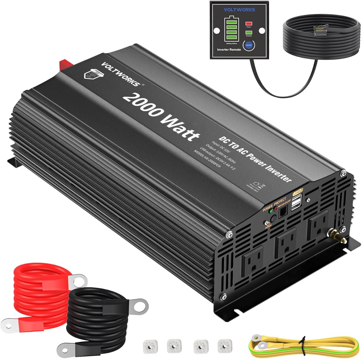 Power Inverter 2000Watt 12V DC to 110V 120V AC Built-in UL Approved Fuses with Remote Control & 2.4A USB Port 3AC Outlets Compatible with Lithium Battery for Off-Grid Solar Home RV Truck by VOLTWORKS