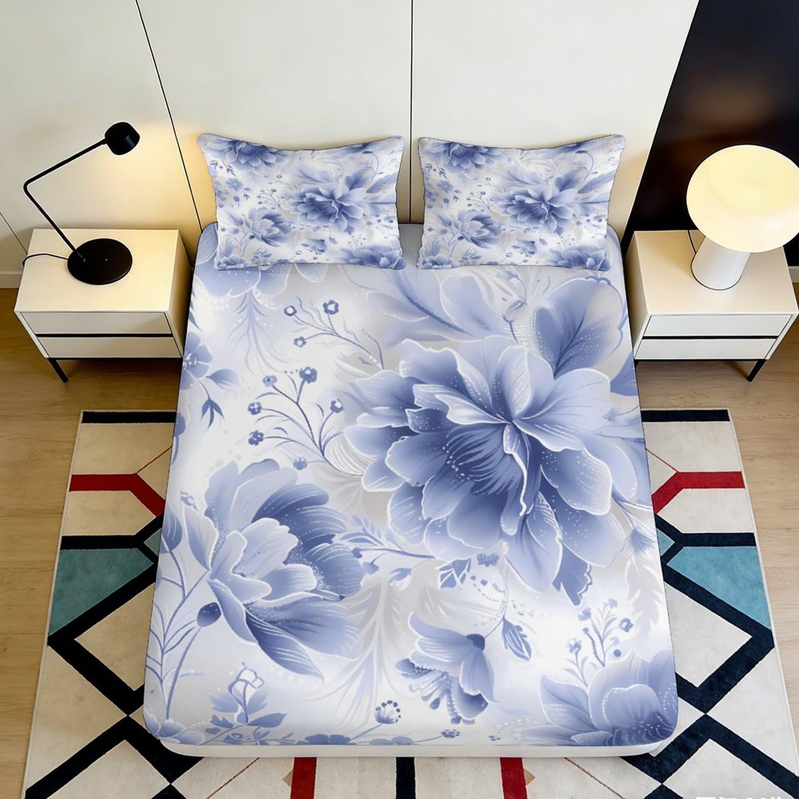 3D Printed Blue Floral Fitted Sheet Microfiber Soft Breathable Watercolor Blossom Mattress Cover for Bedroom Dorm Decor 90x200x25cm