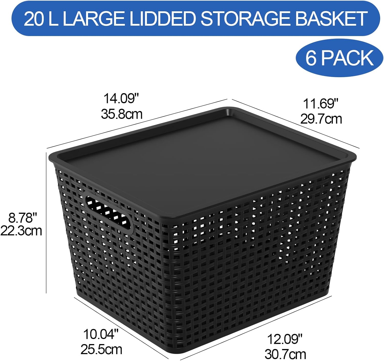 Large Plastic Storage Baskets with Lids, Stackable Storage Bin Basket for Organizing Shelves Closet Pantry, 14.09" x 11.69" x 8.78", 6 Pack, Black