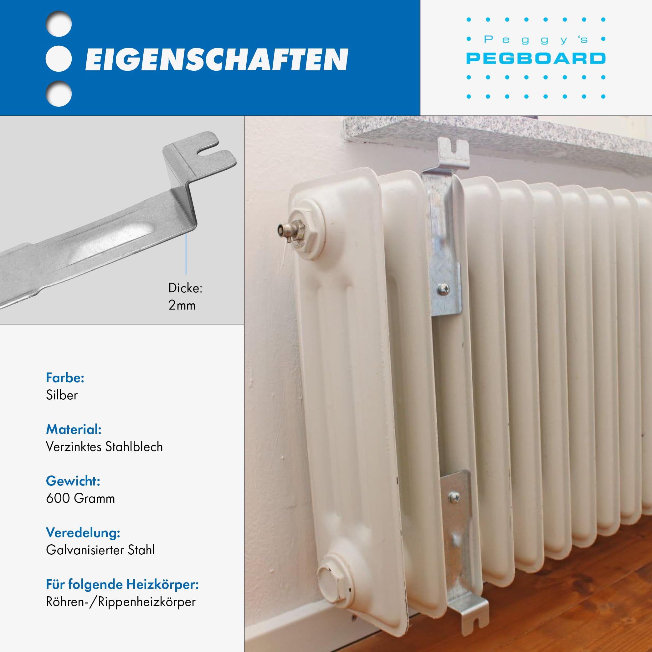 Pegboard - 2 x Set Halterung für Heizkörperverkleidung aus 2 mm Stahlblech verzinkt für Rippenheizkörper und Röhrenheizkörper, Befestigungssatz mit 4,5 cm Breite zum Einhängen - Made in Germany