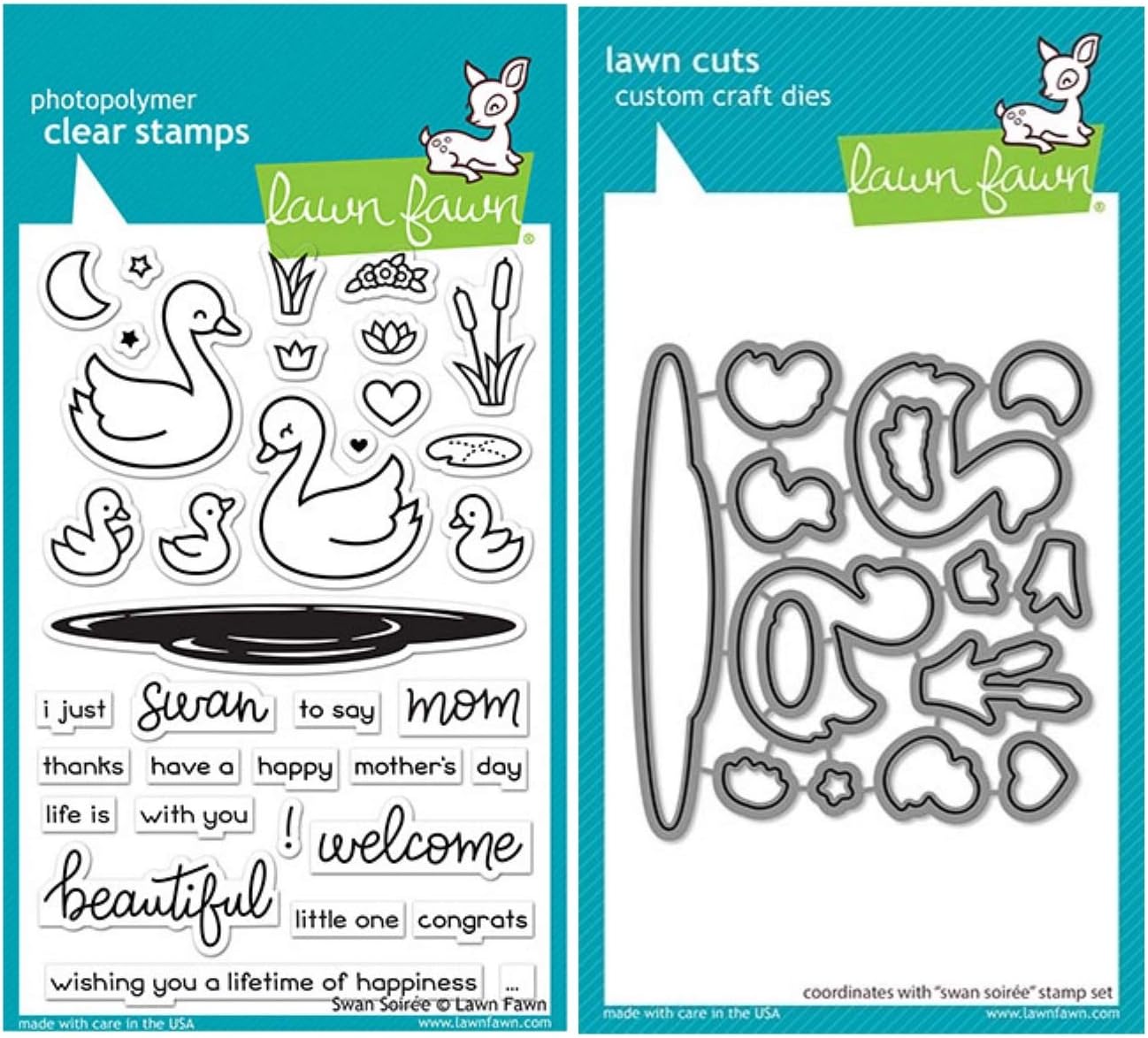 Lawn Fawn Swan Soiree 4”x6” Clear Stamp Set and Coordinating Custom Craft Die Set (LF2219, LF2220), Bundle of 2 Items