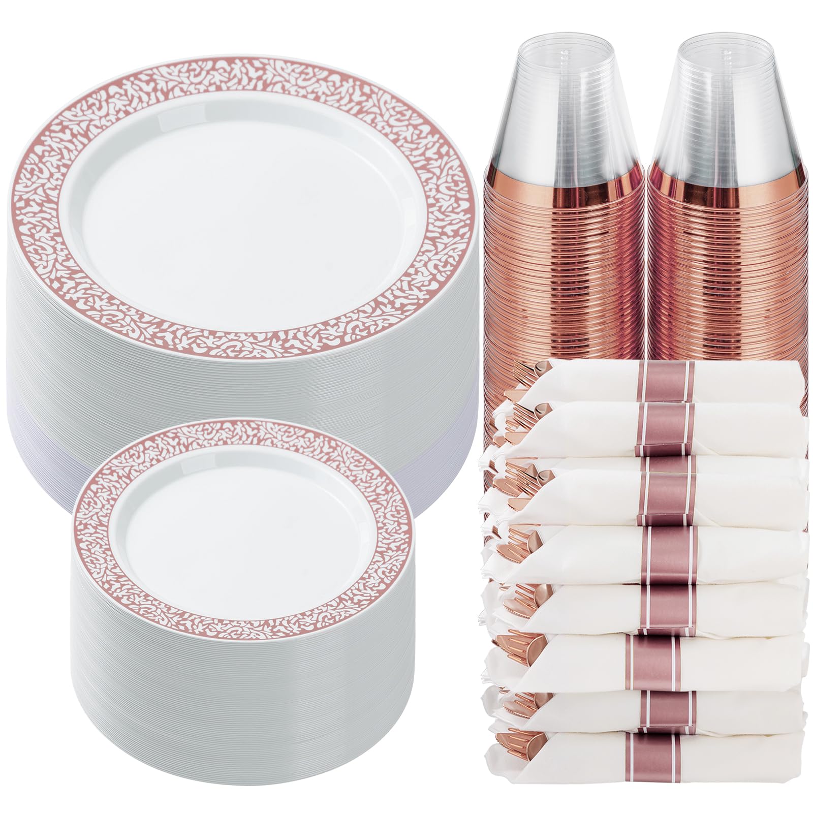 350 Piece Rose Gold Plastic Dinnerware Set for 50 Guests, Disposable Lace Plates for Party, Include: 50 Rose Gold Party Plates, 50 Dessert Plates, 50 Pre Napkins with Silverware, 50 Cups