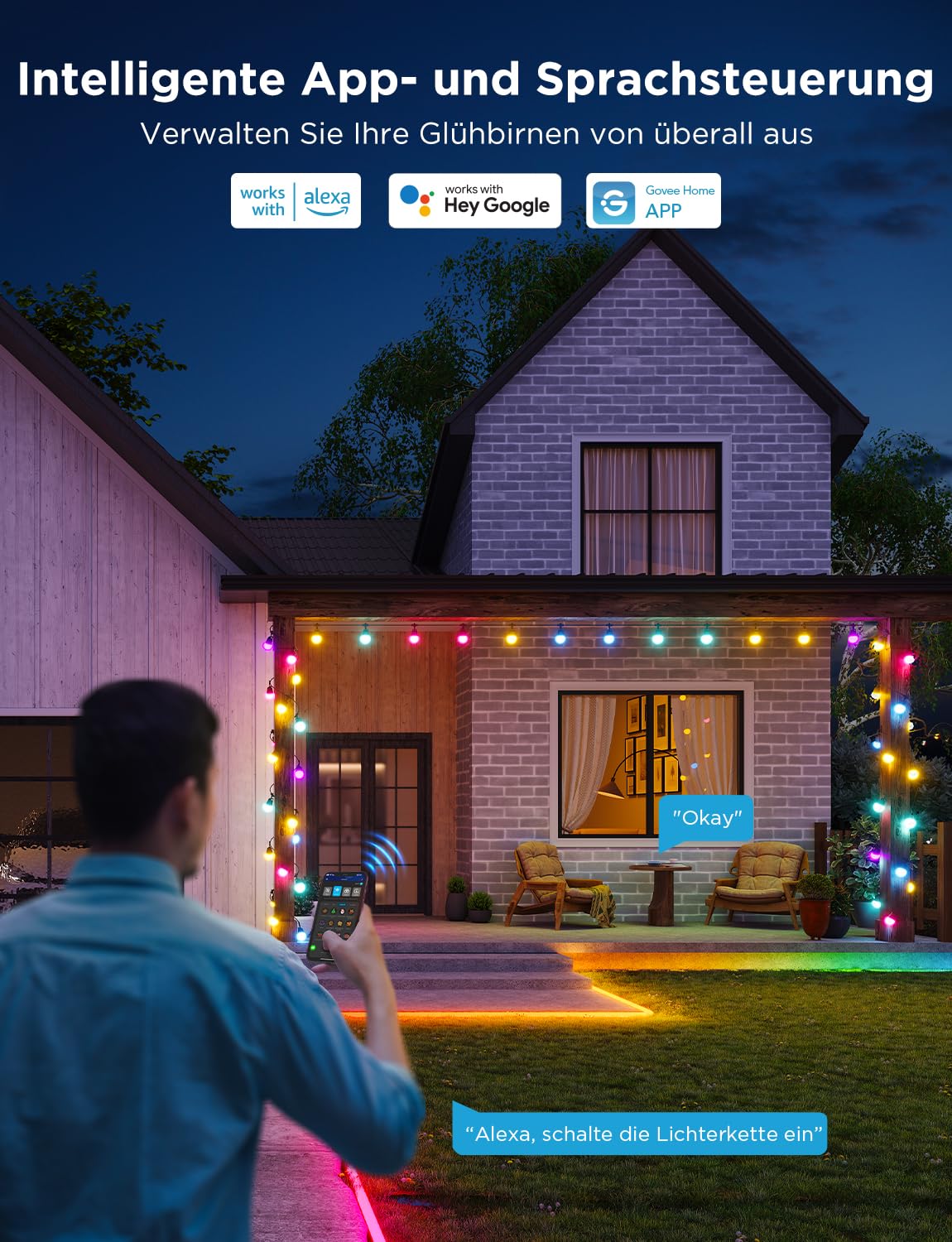 Govee LED Lichterkette Außen 2, 30M Dimmbare RGBICW Outdoor Lichterkette | IP65, 100lm pro Licht, 47 Szenenmodi und 16 Millionen Farben, Intelligente App und Sprachsteuerung, Lebensdauer 25000 Stunden