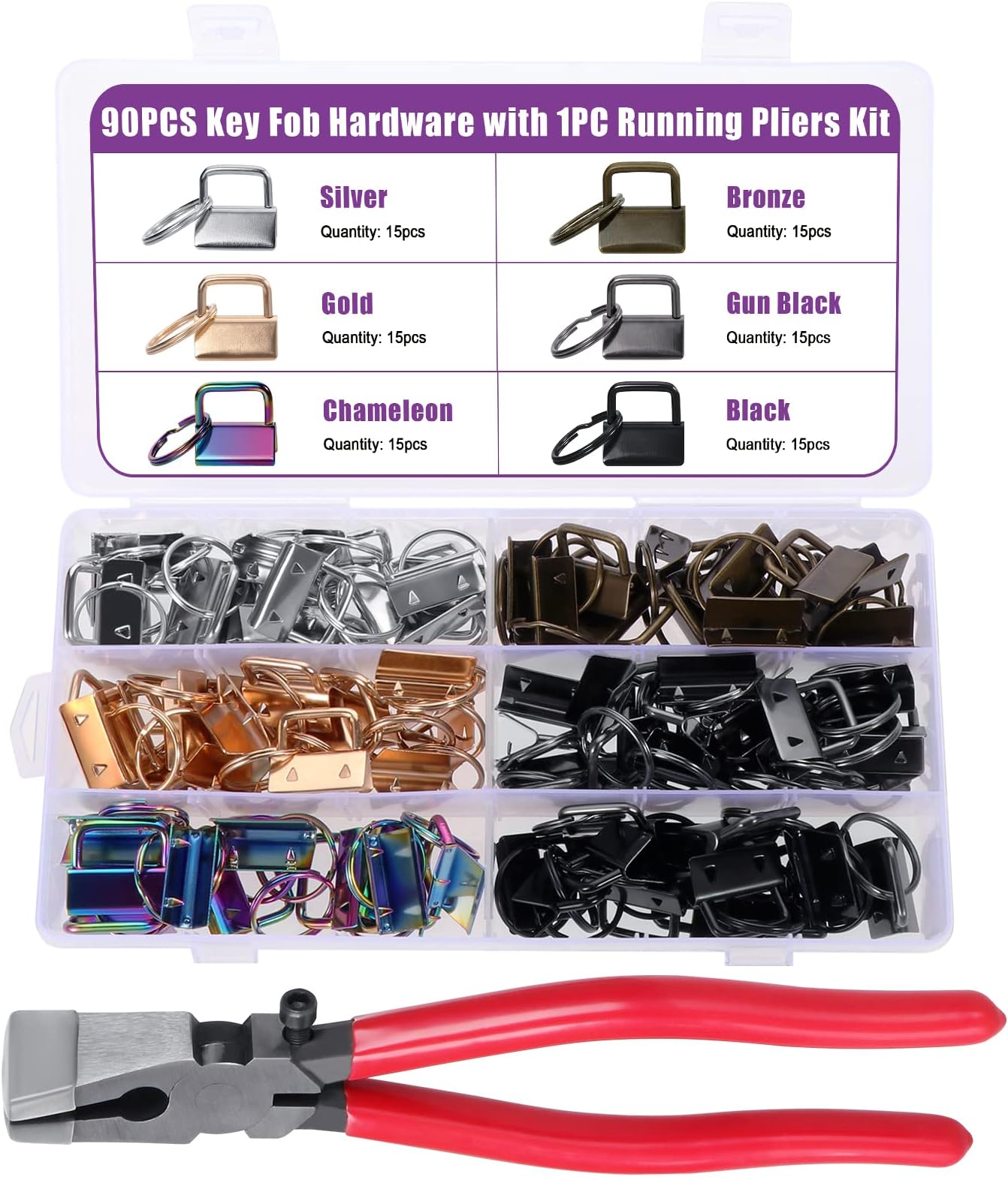 Moendergo 90PCS Metal Tail Clip Wristlet Lanyard Keychain Bracelet Hardware with Key Fob Pliers Tool for Keychain and Wristlet Clamp Hardware Supplies