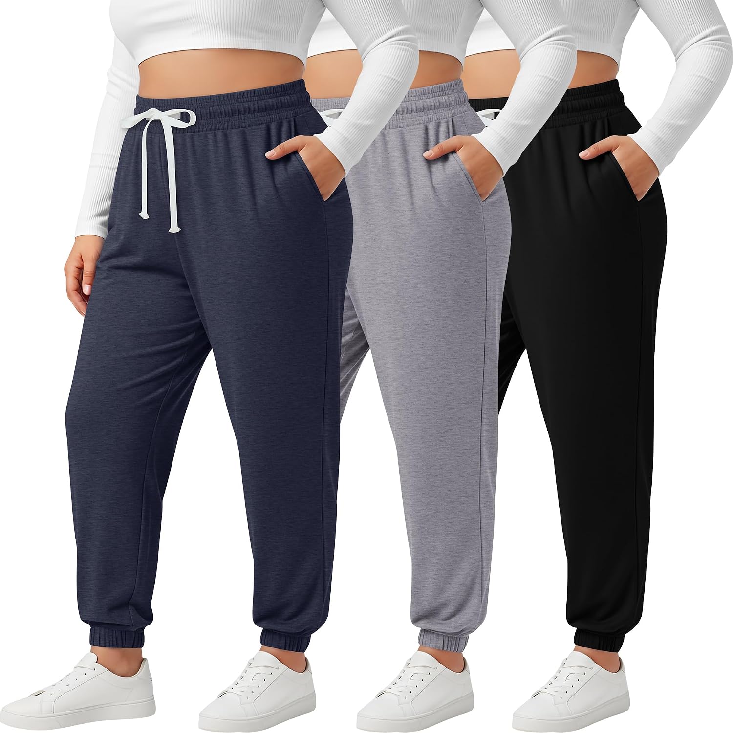 Evervibe 3 Pack Women's Plus Size Lightweight Sweatpants Joggers Lounge Pants Elastic Waist Drawstring Athletic with Pockets