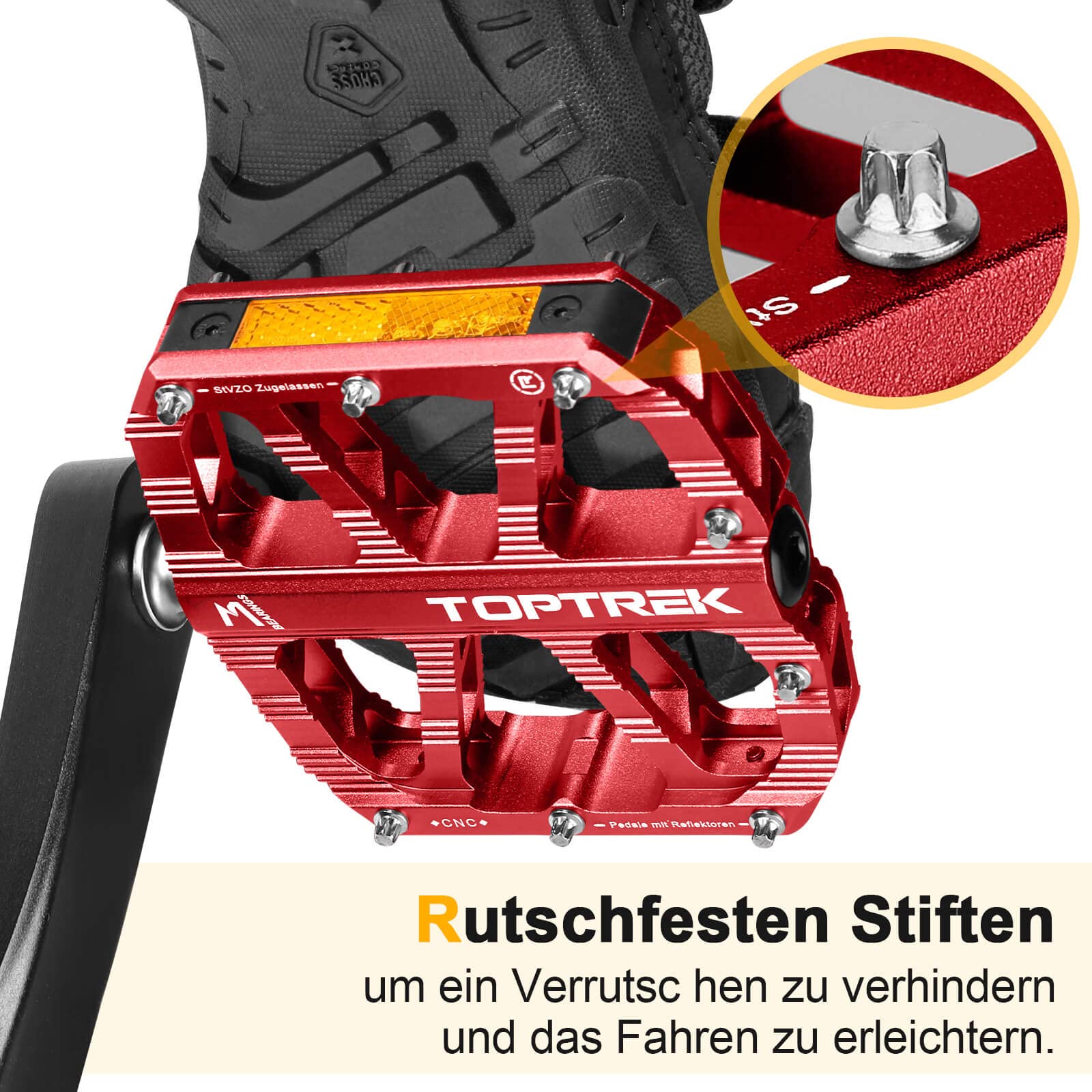 toptrek Fahrradpedale CNC Aluminium MTB Pedale mit StVZO Zugelassen Reflektoren Pedale Fahrrad Antirutsch Breites Plattform Pedale mit 3 Abgedichtete Lager für Mountainbike, BMX, Rennrad Pedale Sport & Freizeit