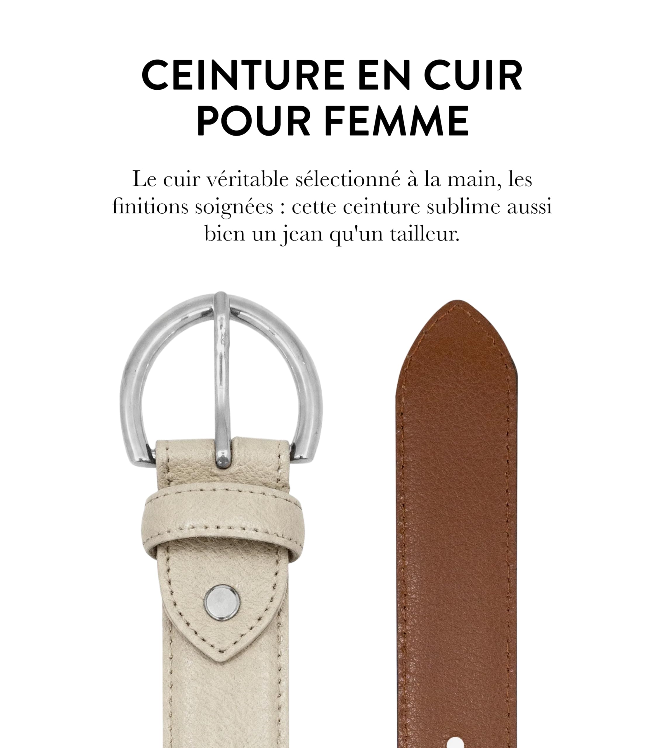 GLOVE STORY Ceinture Femme Beige en Cuir - Boucle Métal Élégante Style Habillé - Coffret Cadeau Accessoire Mode Haut de Gamme pour Jean, Tailleur Costume et Pantalon - Largeur 35mm