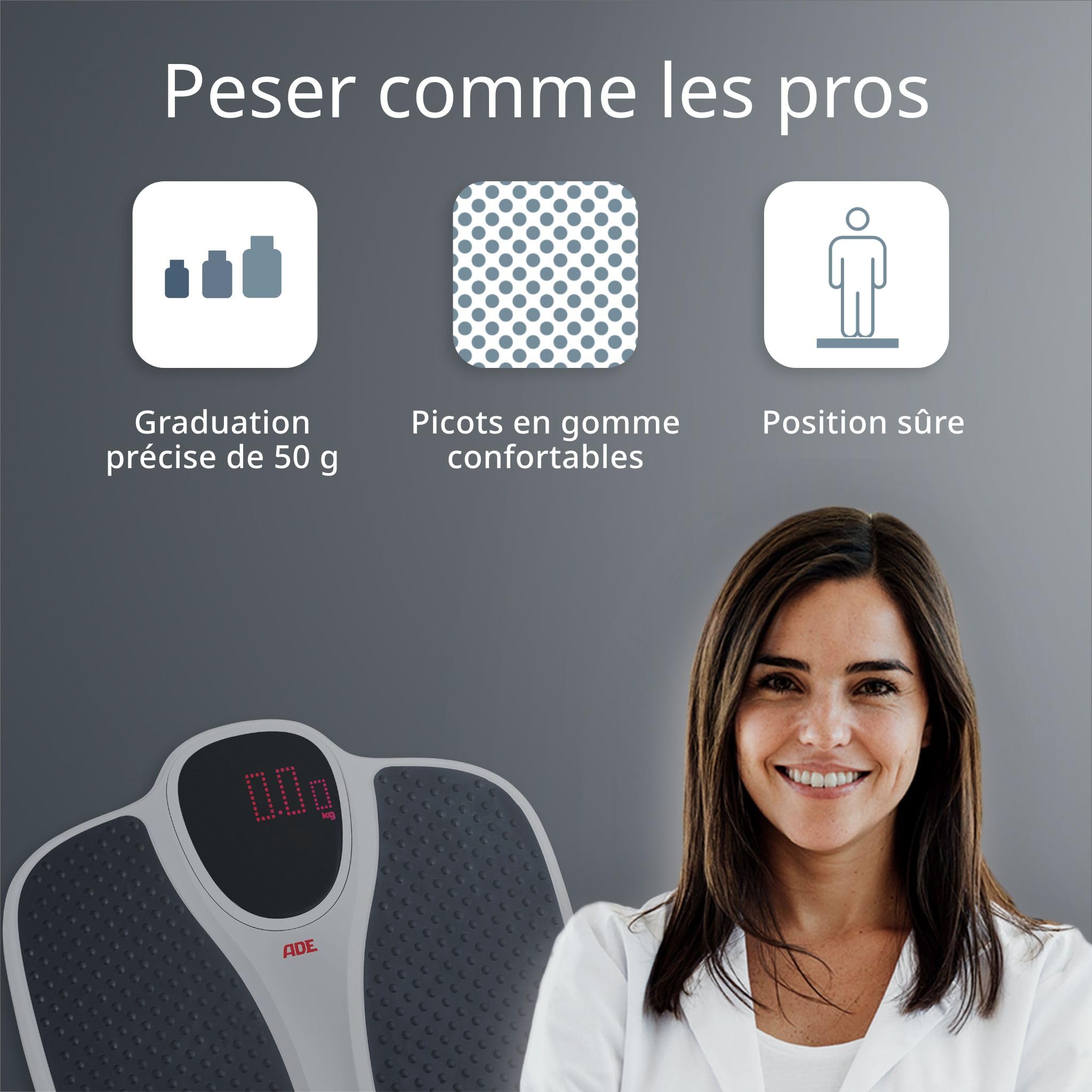 ADE Pèse-personne numérique | Jusqu'à 200 kg | Surface de pesée extra large et antidérapante | Pèse-personne pour personnes âgées avec grand écran à matrice de points rouges