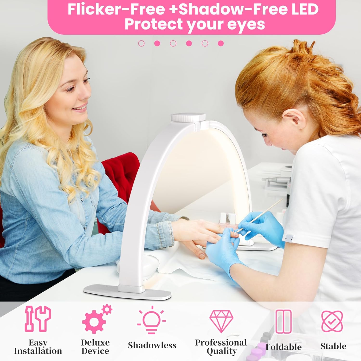 Nail Half Moon Light - Professional White 29in Stable Moonlight with Phone Holder, 3 Light Colors 10 Brightness Adjustable for Salon & Home Manicure Station