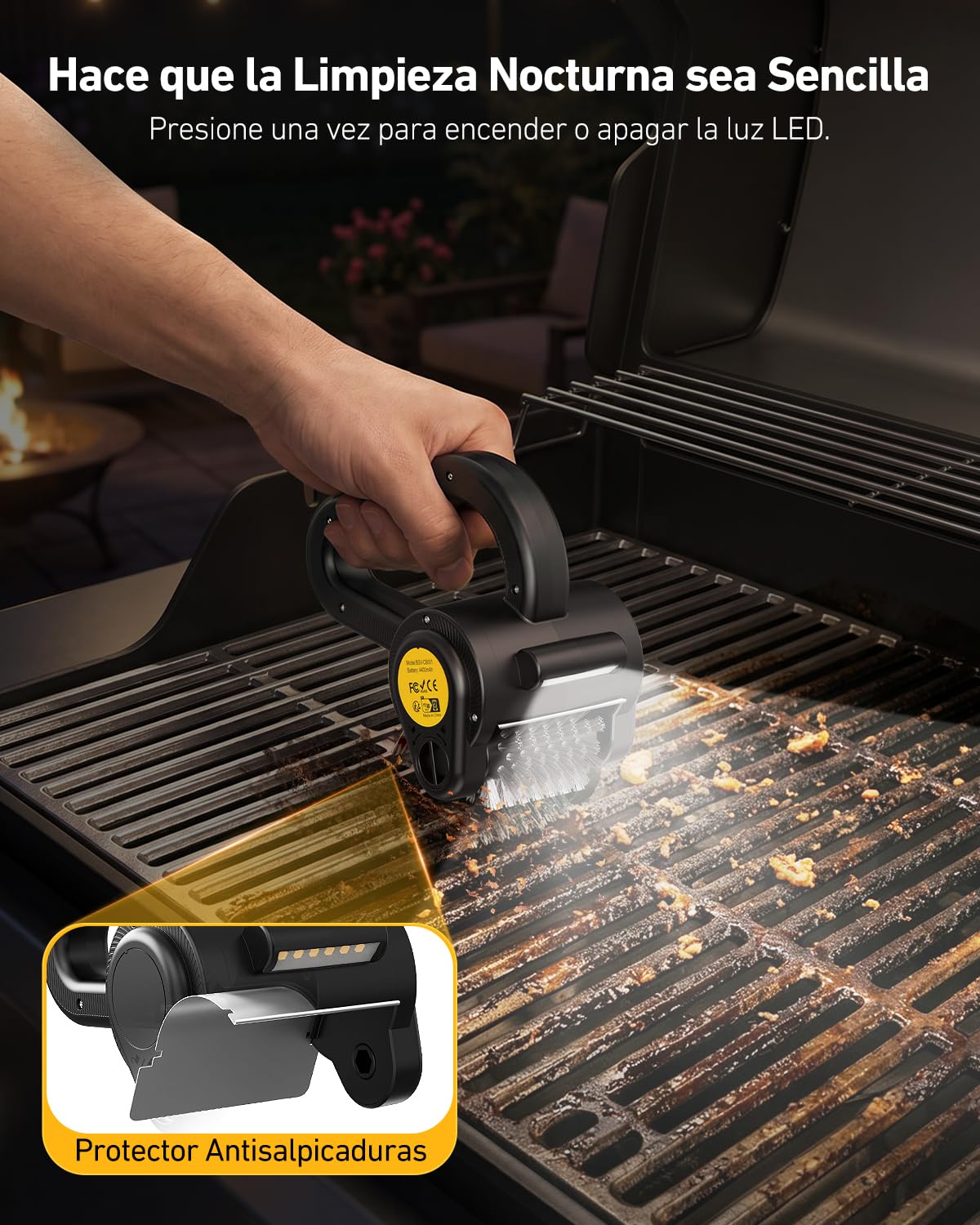 Cepillo Eléctrico para Barbacoa, Limpiador de Parrilla Inalámbrico Recargable con Cabezal Acero Inoxidable, Luz LED, 150 Min de Autonomía, 4400mAh Electric Grill Brush BBQ para Todo Tipo de Parrilla