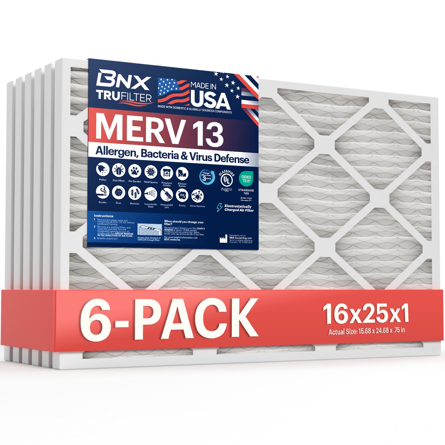 BNX TruFilter 16x25x1 Air Filter MERV 13 (6-Pack) - MADE IN USA - Electrostatic Pleated Air Conditioner HVAC AC Furnace Filters for Allergies, Pollen, Mold, Bacteria, Smoke, Allergen, MPR 1900 FPR 10OEKO-TEX STANDARD 100