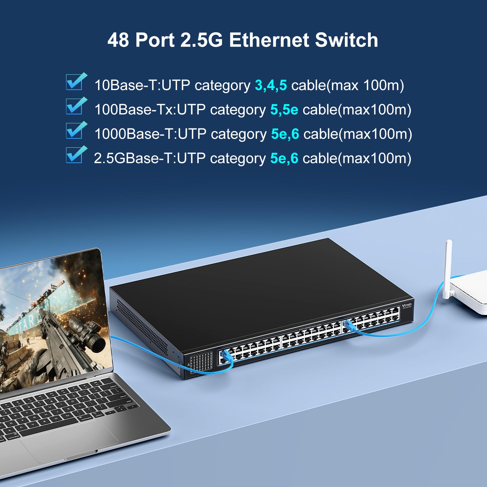 VIMIN Switch Non Gestito a 48 Porte 2,5G, Switch Ethernet Base-T a 48 Porte 2,5GB, 2,5Gb Switch di Rete Plug & Play, Compatibile con 10M/100M/1000M/2,5G, capacità 240Gbps, per Nas, AP Wireless e PC