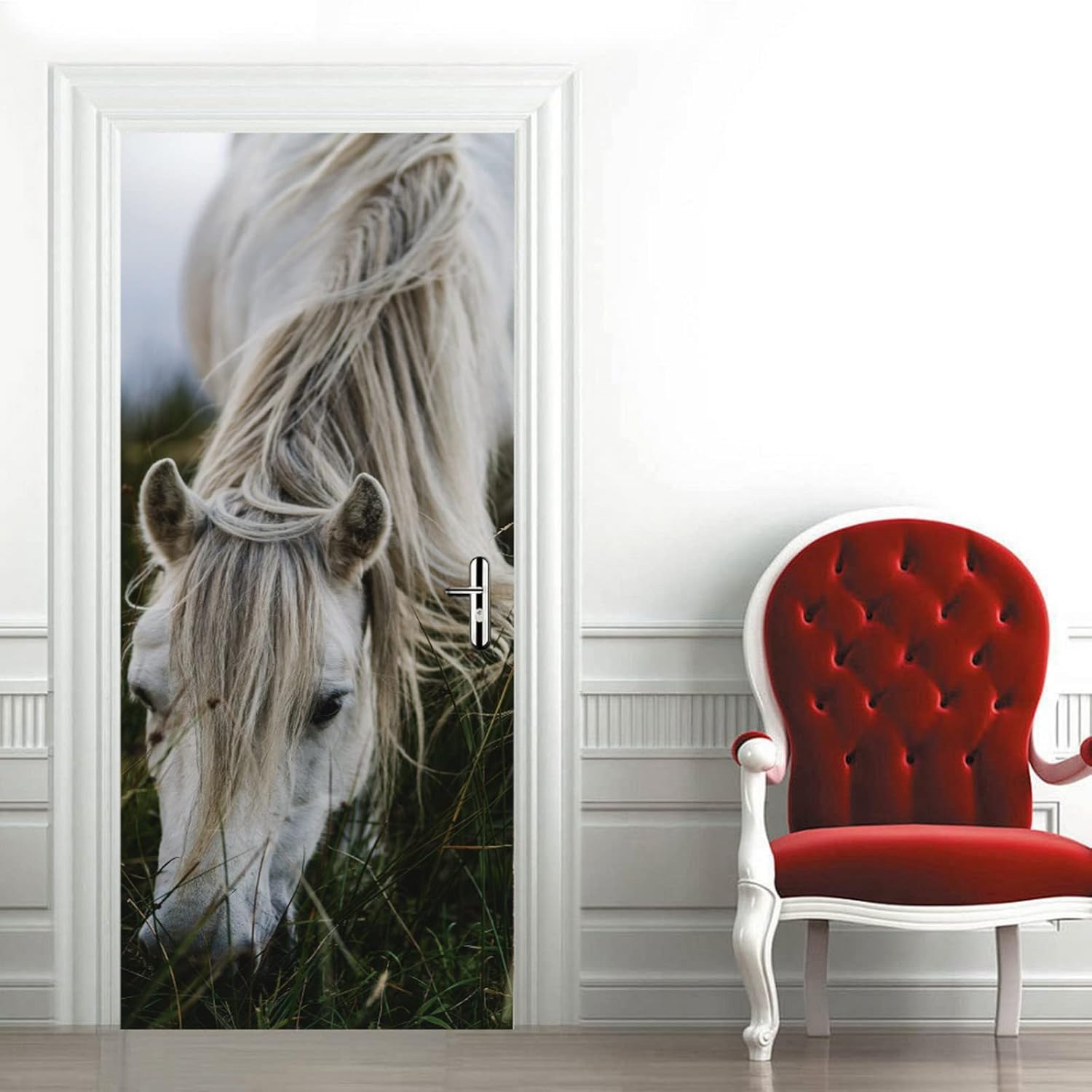A.Monamour 3D Door Stickers for Interior Doors White Horse Eating Grass in A Meadow Animal Theme Vinyl Removable Self Adhesive Door Poster Wallpaper Mural Decals for Bedroom Office Bathroom 90x200cm