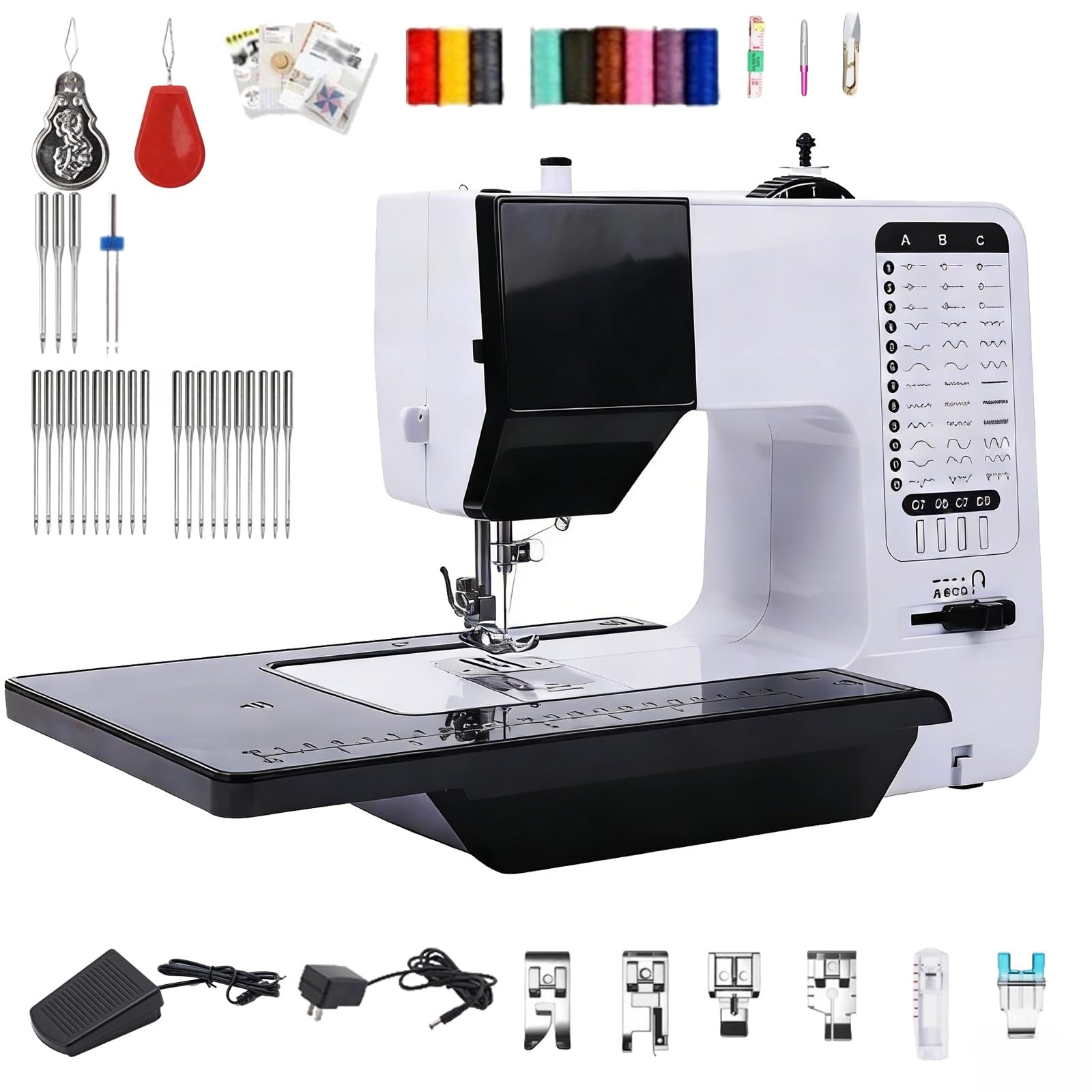 Máquina de coser resistente, máquina de bordar portátil de 38 puntadas con mesa de extensión y luz nocturna, multifuncional para principiantes y profesionales