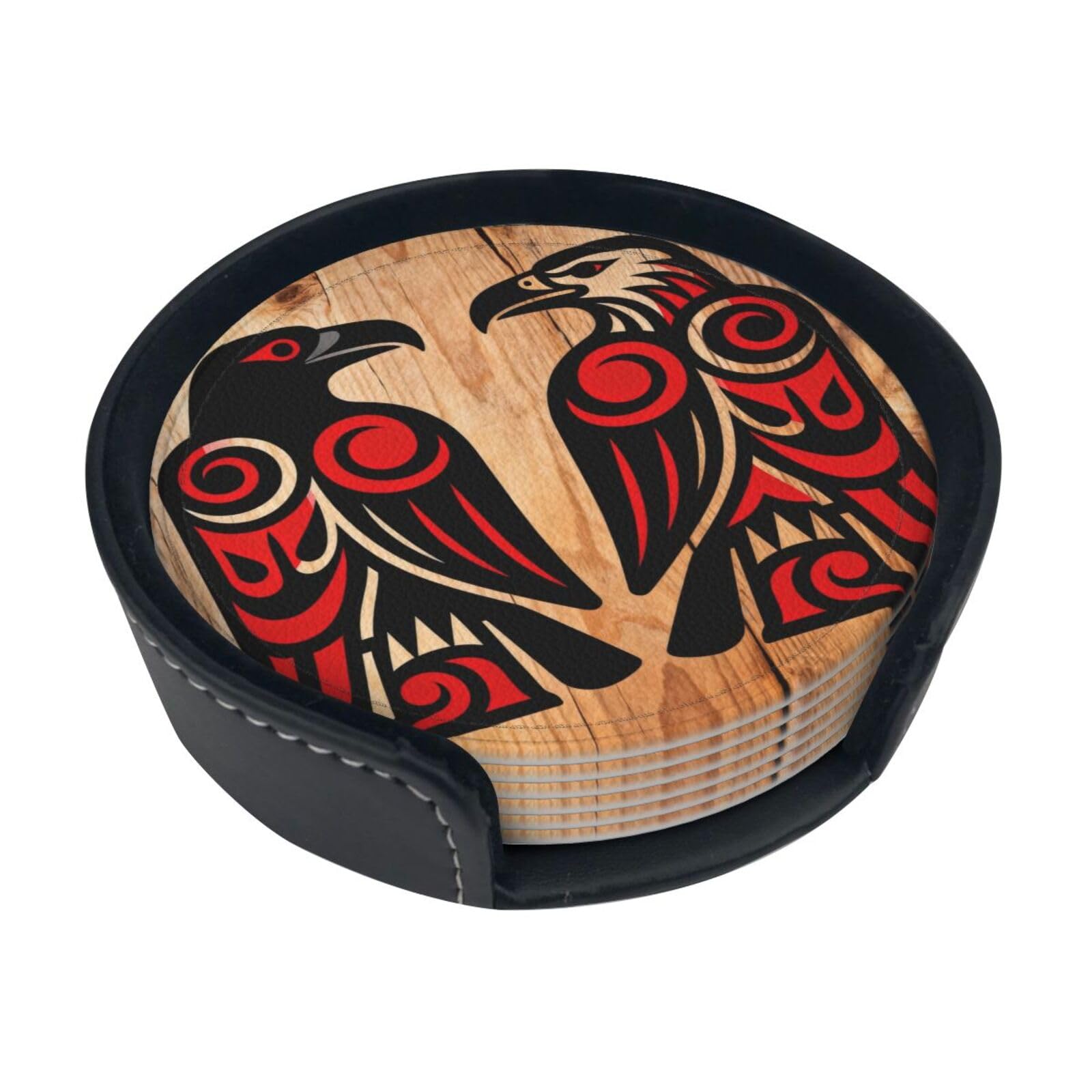 Cntdbu White Raven And Eagle Leather Coasters Set Of 6-Pu Leather Drink Mats For Table, Heat Resistant Round Coasters With Holder