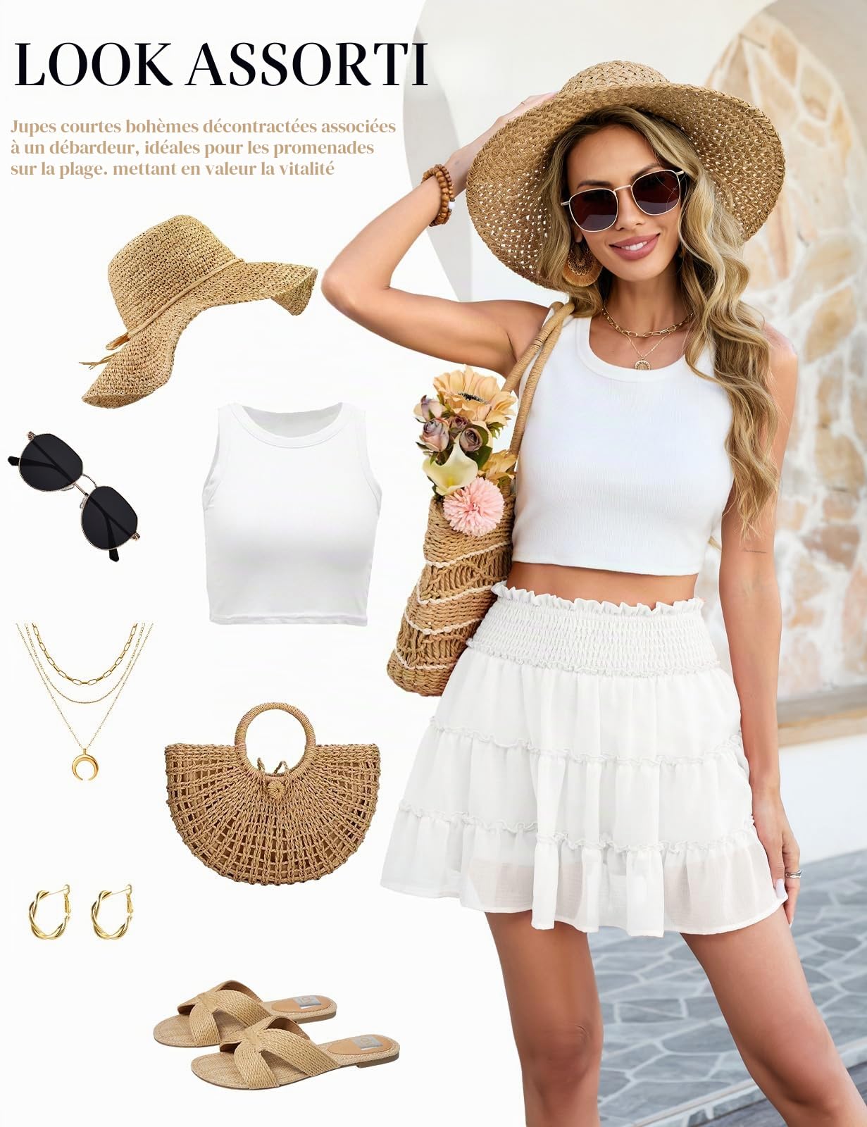 Jupe Femme Mini Ete Chic et Elegant Elastique Taille Haute Courte Jupes Patineuse à Volants en Tulle Couleur Unie Jupe de Plage d'été Décontractée Fluide avec Short