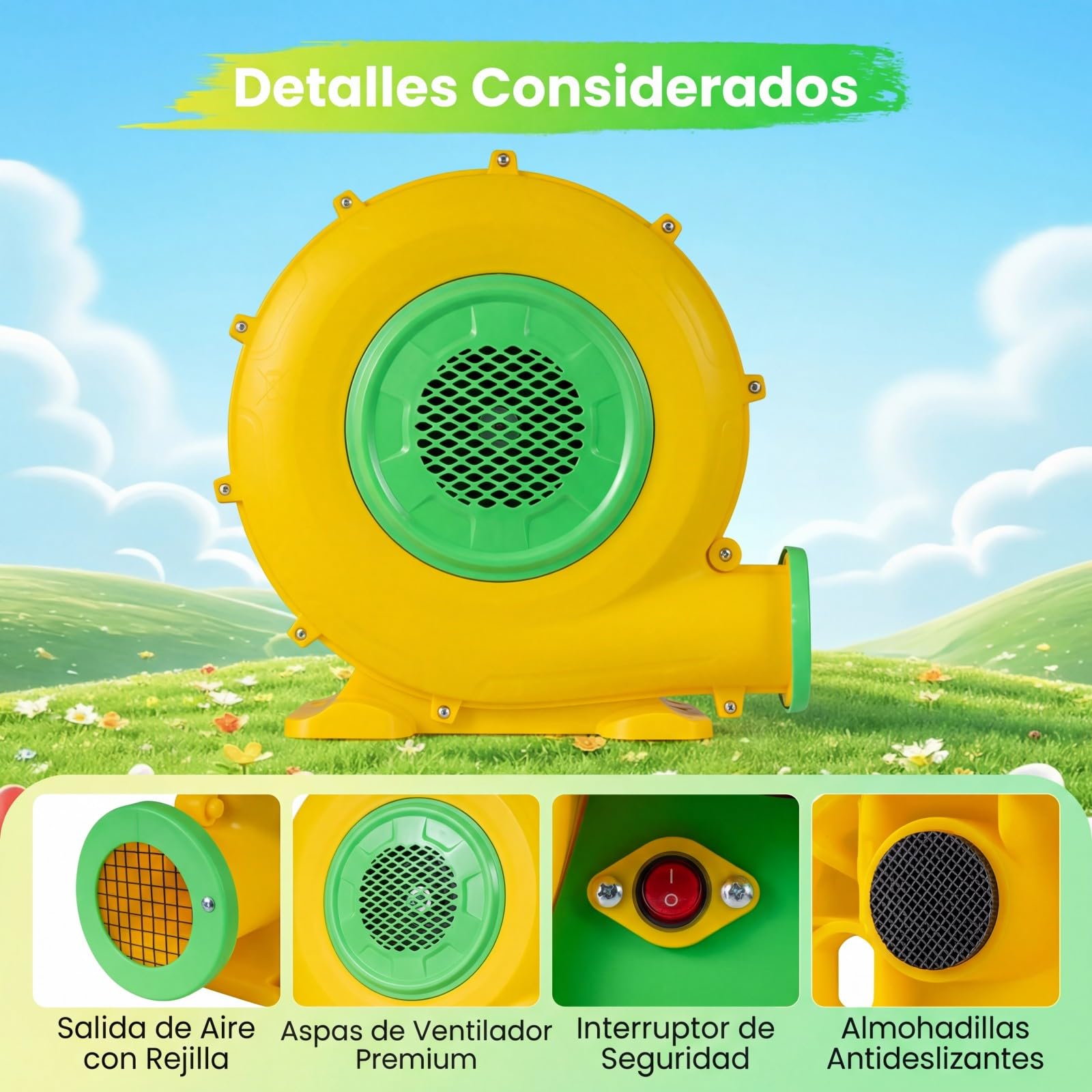 COSTWAY 680W Soplador de Aire para Castillo Hinchable, 220-240V Bomba de Bajo Ruido con 4 Estacas de Tierra y Cable de Alimentación, 2340pa Ventilador Eléctrico Potente para Juguetes Inflables