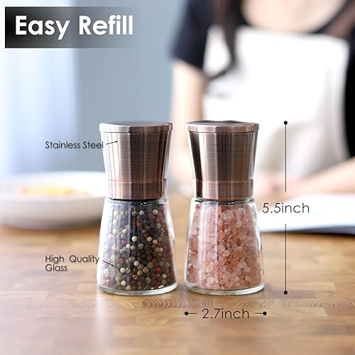 Vista 12 de Vzaahu Juego de molinillo de sal y pimienta marrón, pequeños agitadores recargables, grosor ajustable, rebabas de cerámica, molino de pimienta