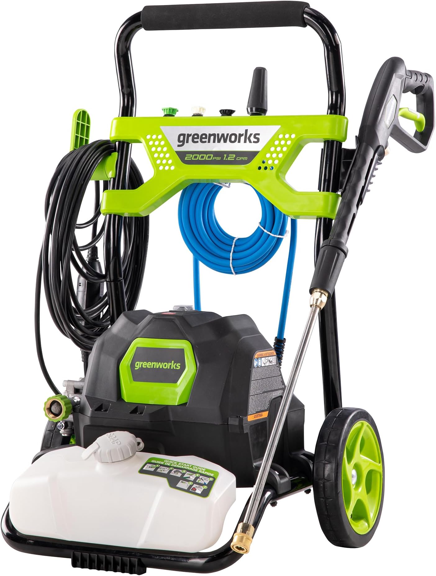 2000 PSI (1.2 GPM) Electric Pressure Washer, Steel Wand, On-Board Soap Tank (25°, 40°, Soap, and Turbo Nozzle)