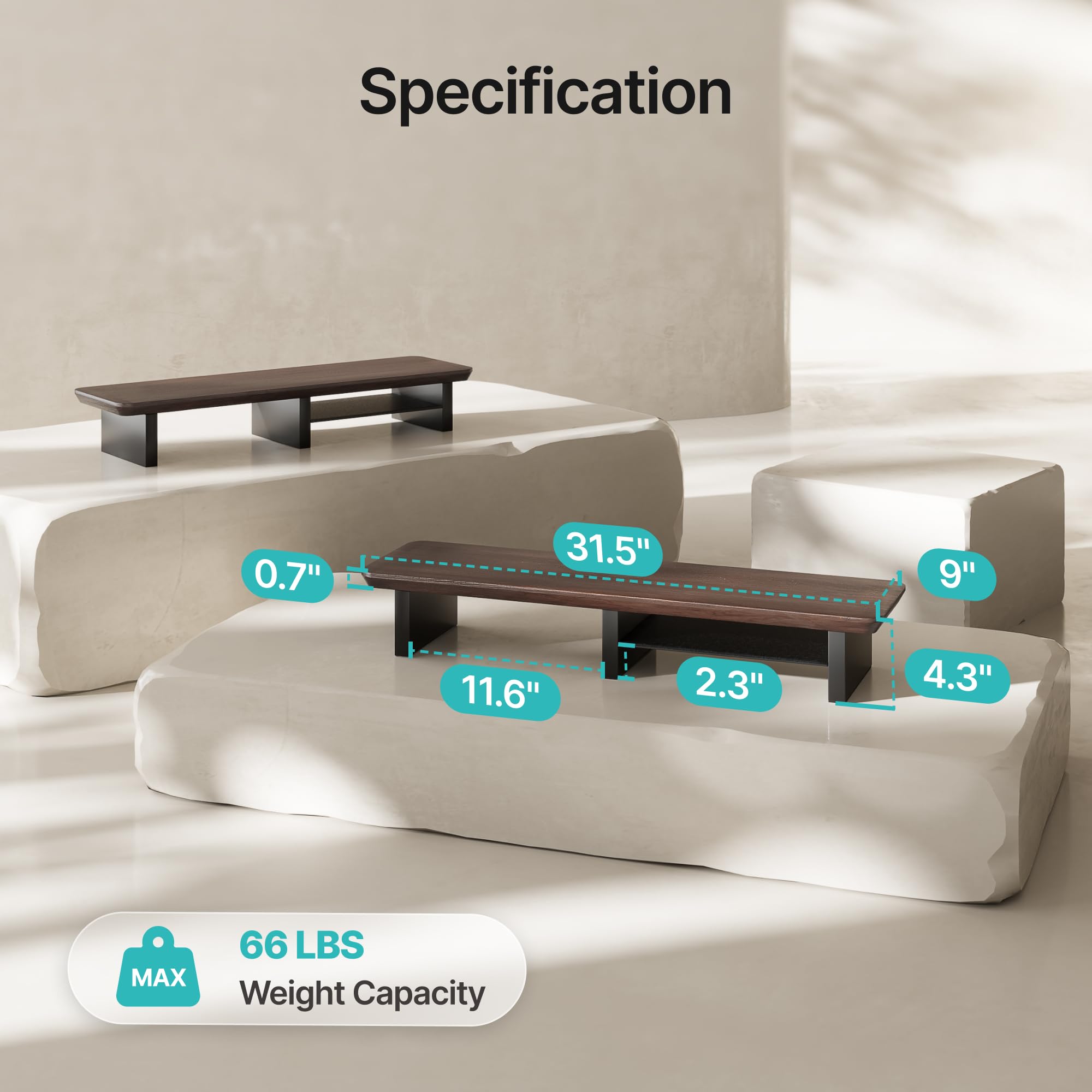 PEGZONE Rialzo per doppio monitor con ripiano in metallo integrato, grande ripiano da scrivania in legno di noce per 2 monitor/TV, ampio supporto per monitor lungo per scrivania, supporto per monitor