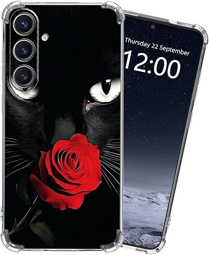 KUJKBFWJ for Samsung Galaxy A53 5G Clear Case with [Black Cat and Rose], Non-Yel